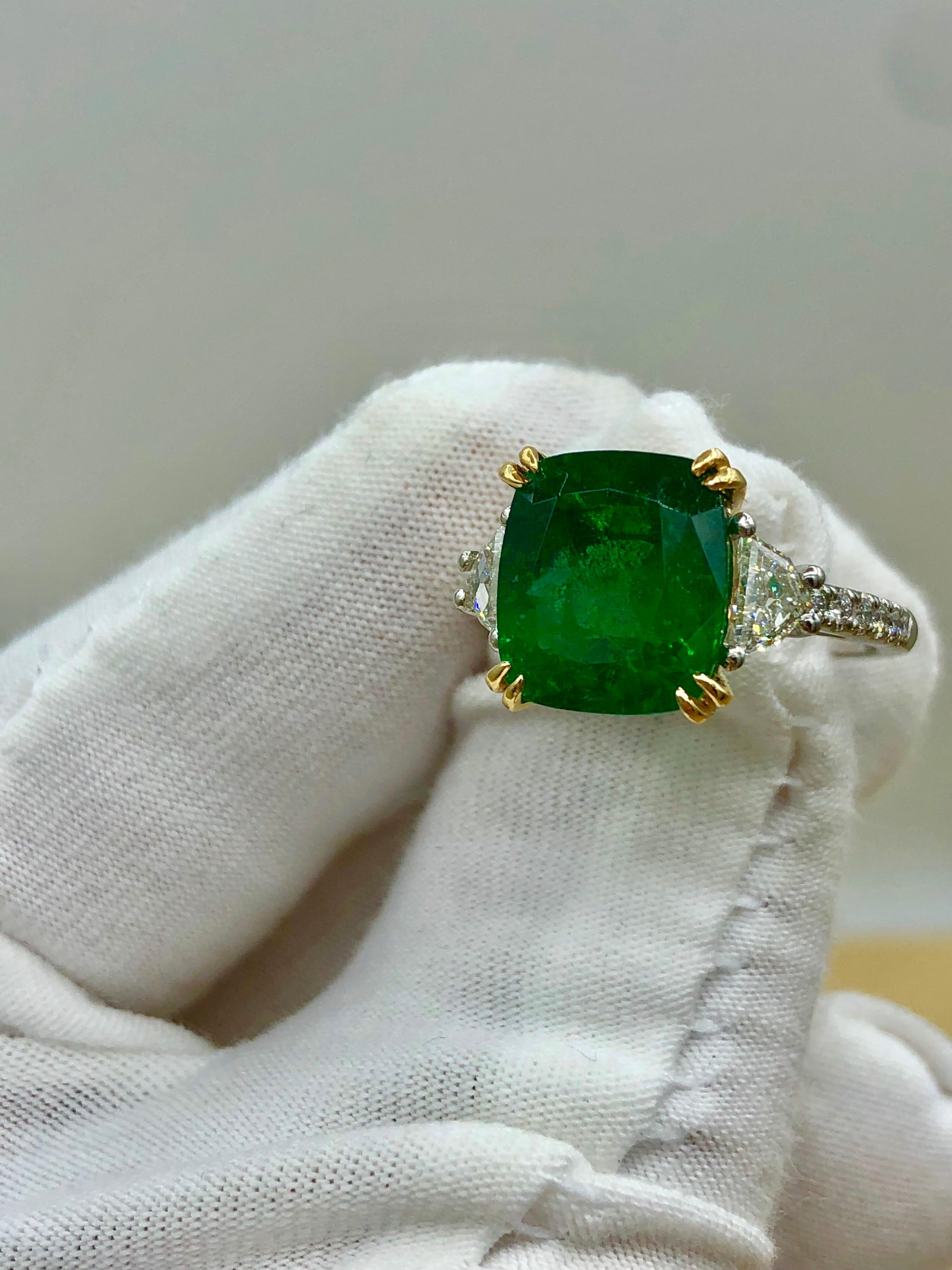 Emilio Jewelry Certified 5.76 Carat Emerald Diamond Platinum Ring 8