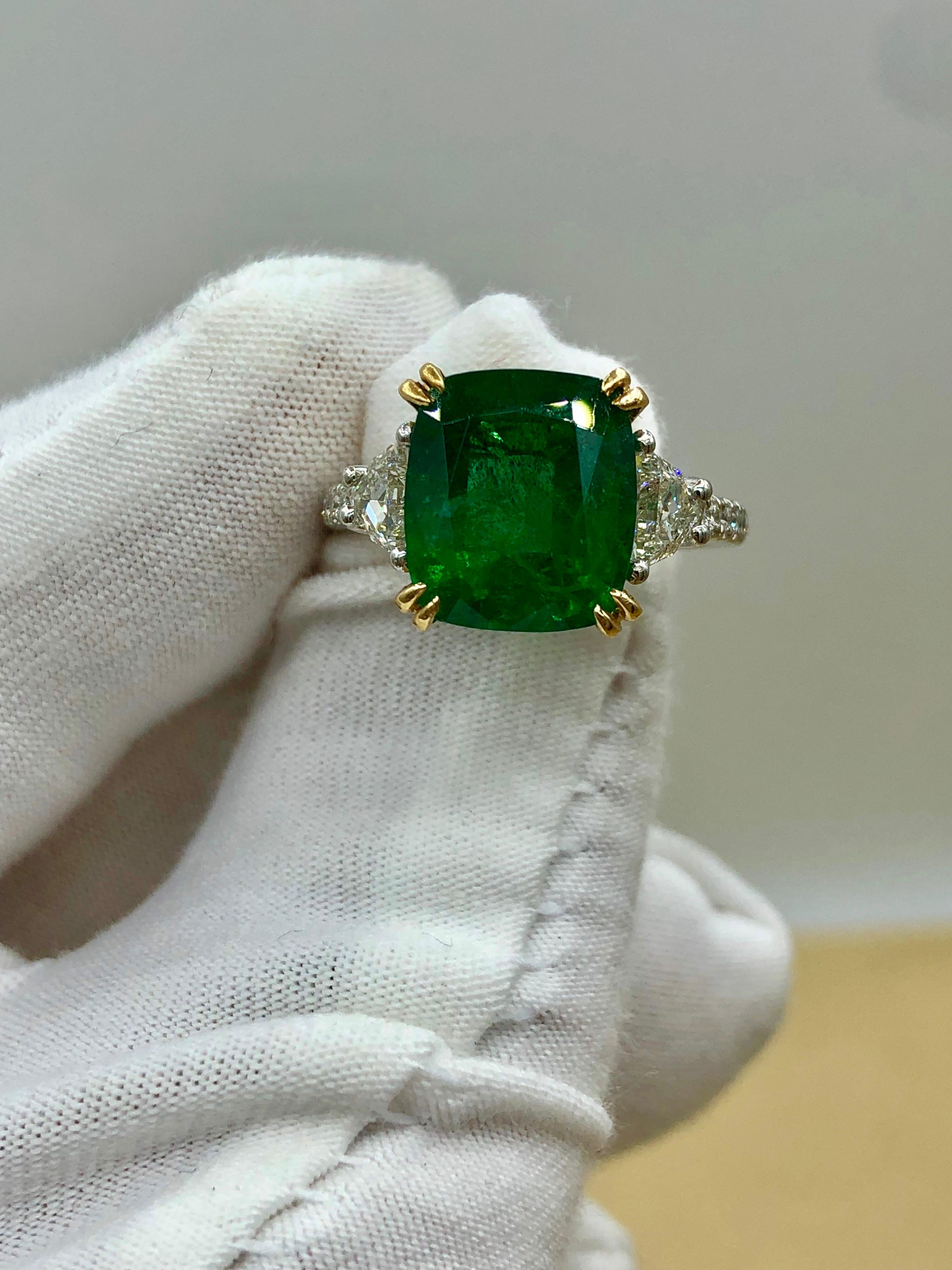 Emilio Jewelry Certified 5.76 Carat Emerald Diamond Platinum Ring 9