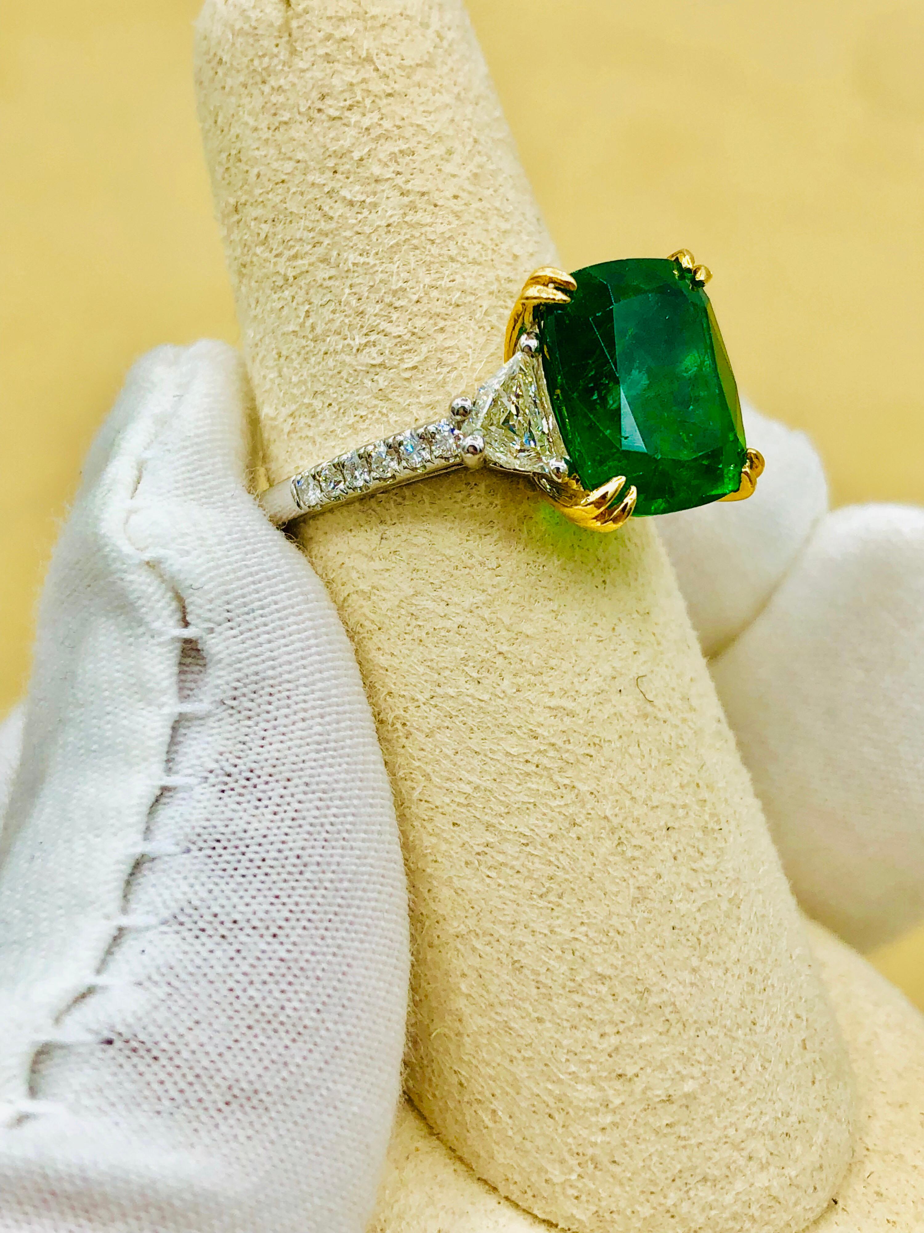 Emilio Jewelry Certified 5.76 Carat Emerald Diamond Platinum Ring 11