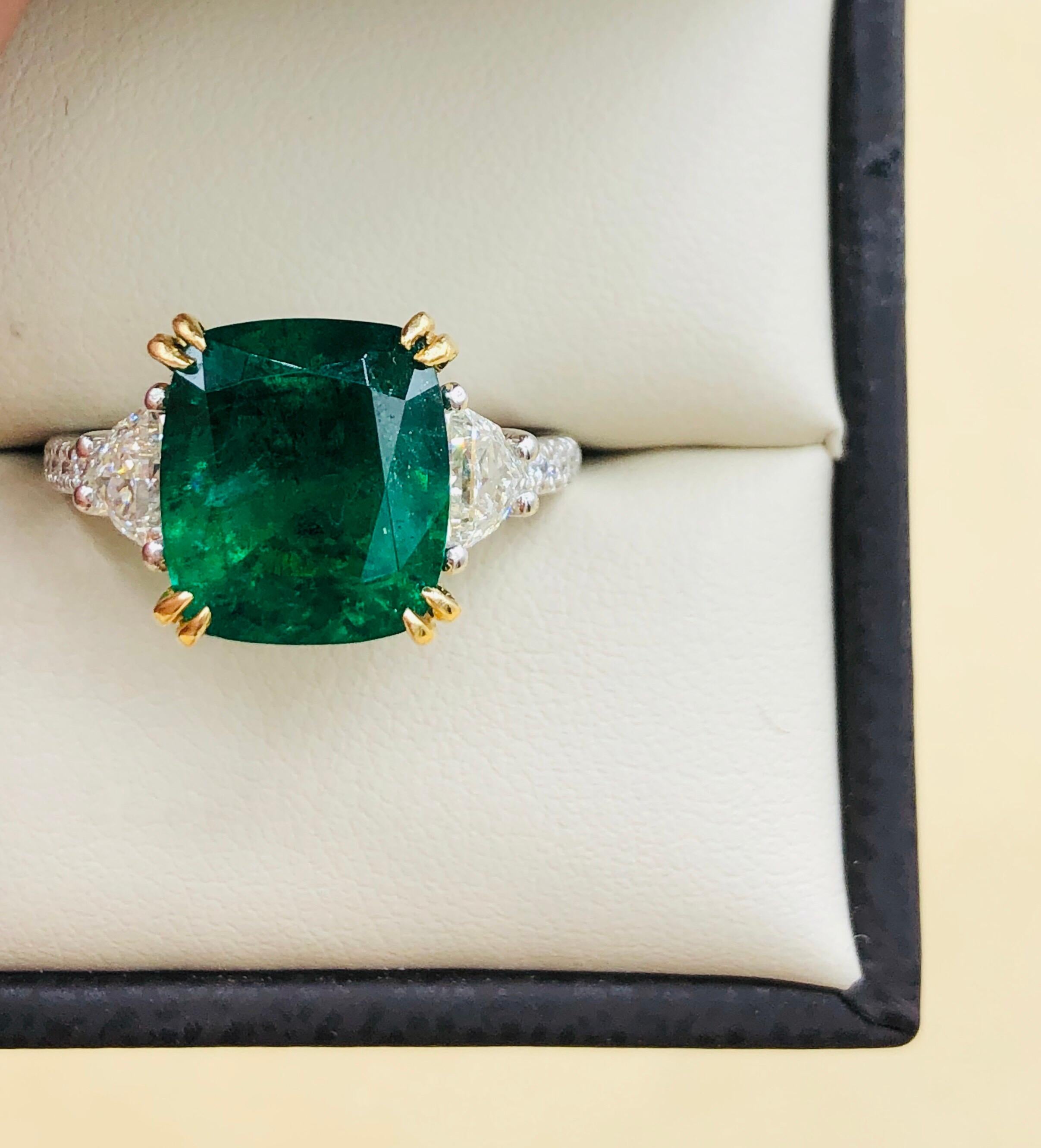 Emilio Jewelry Certified 5.76 Carat Emerald Diamond Platinum Ring 12