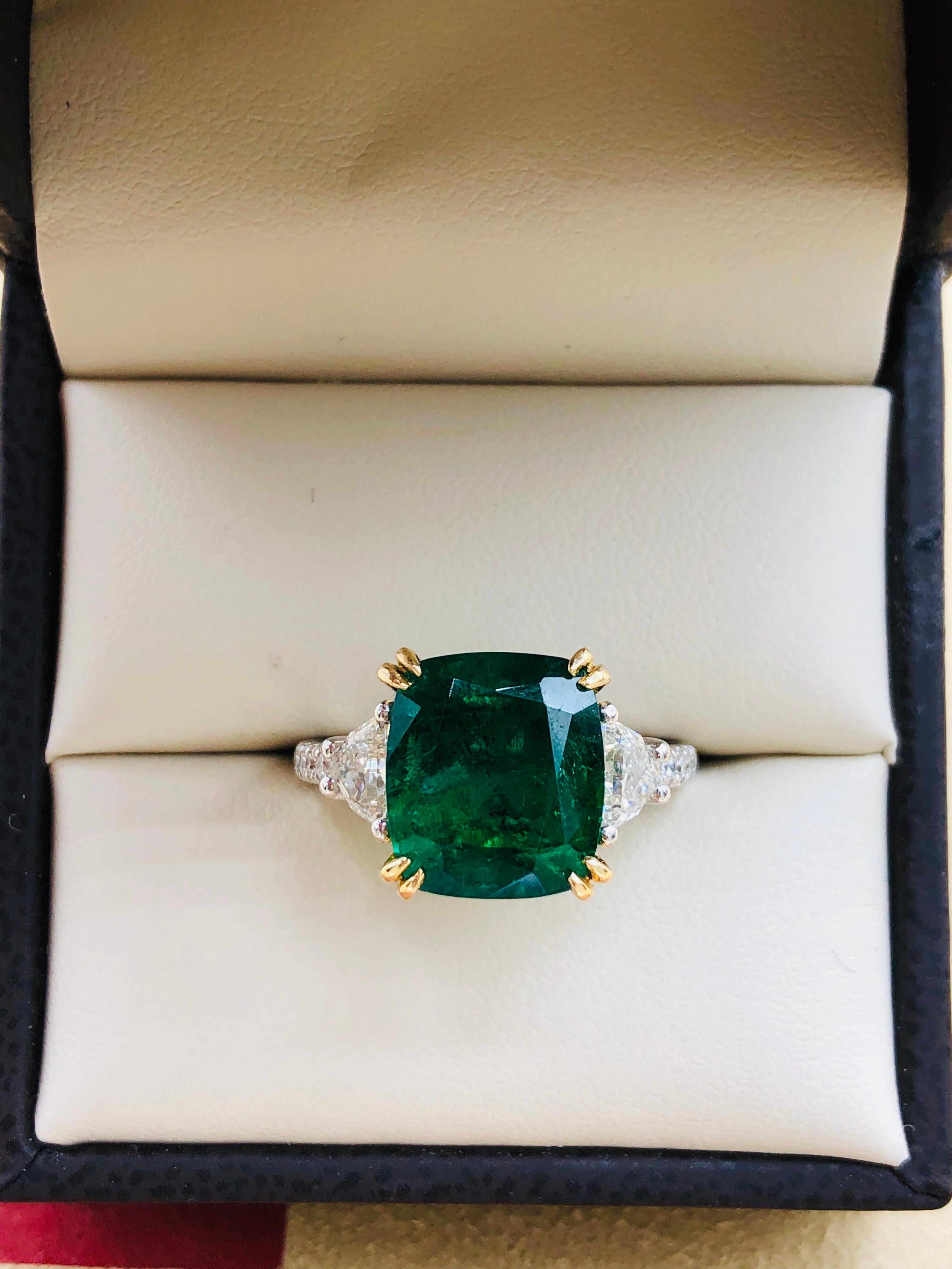 Emilio Jewelry Certified 5.76 Carat Emerald Diamond Platinum Ring 14