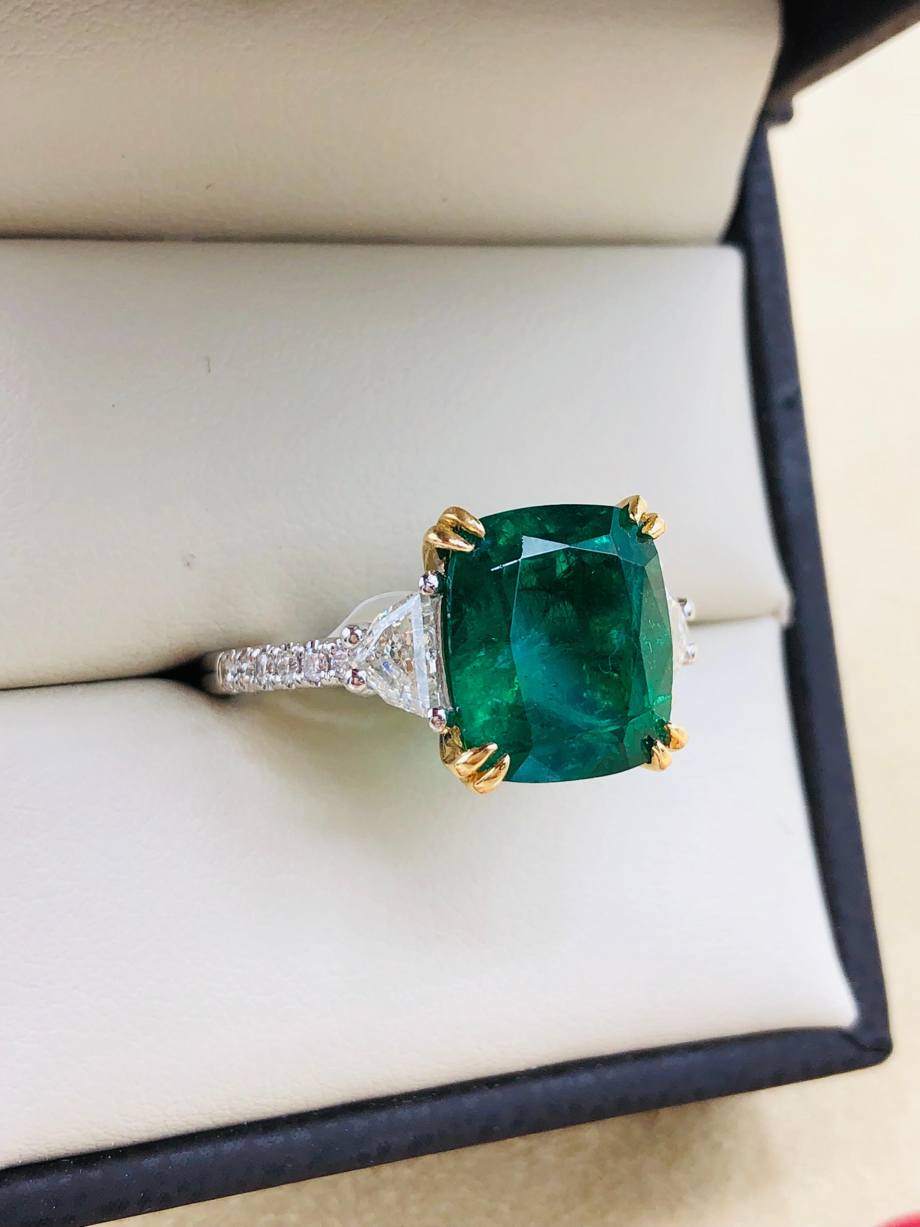 Emilio Jewelry Certified 5.76 Carat Emerald Diamond Platinum Ring 15