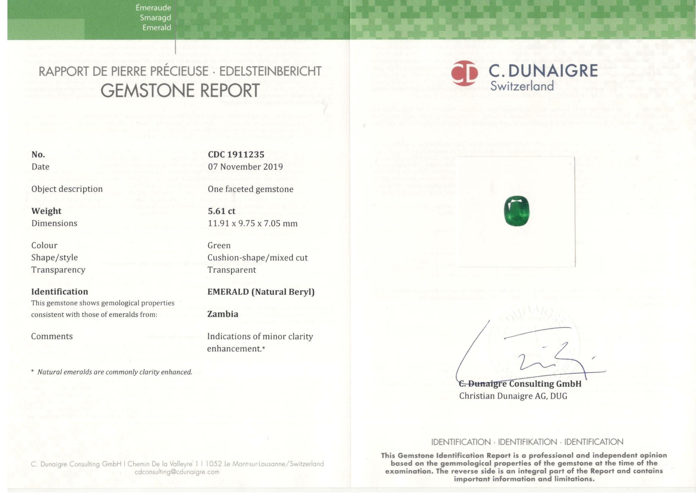 Showcasing a 5.62ct Genuine Emerald certified by C.Dunaigre. Based on emerald grading methodology the clarity of the emerald vvs1-vvs2 with little to no imperfections visible to the naked eye. The emeralds are without any treatment (only minor oil)
