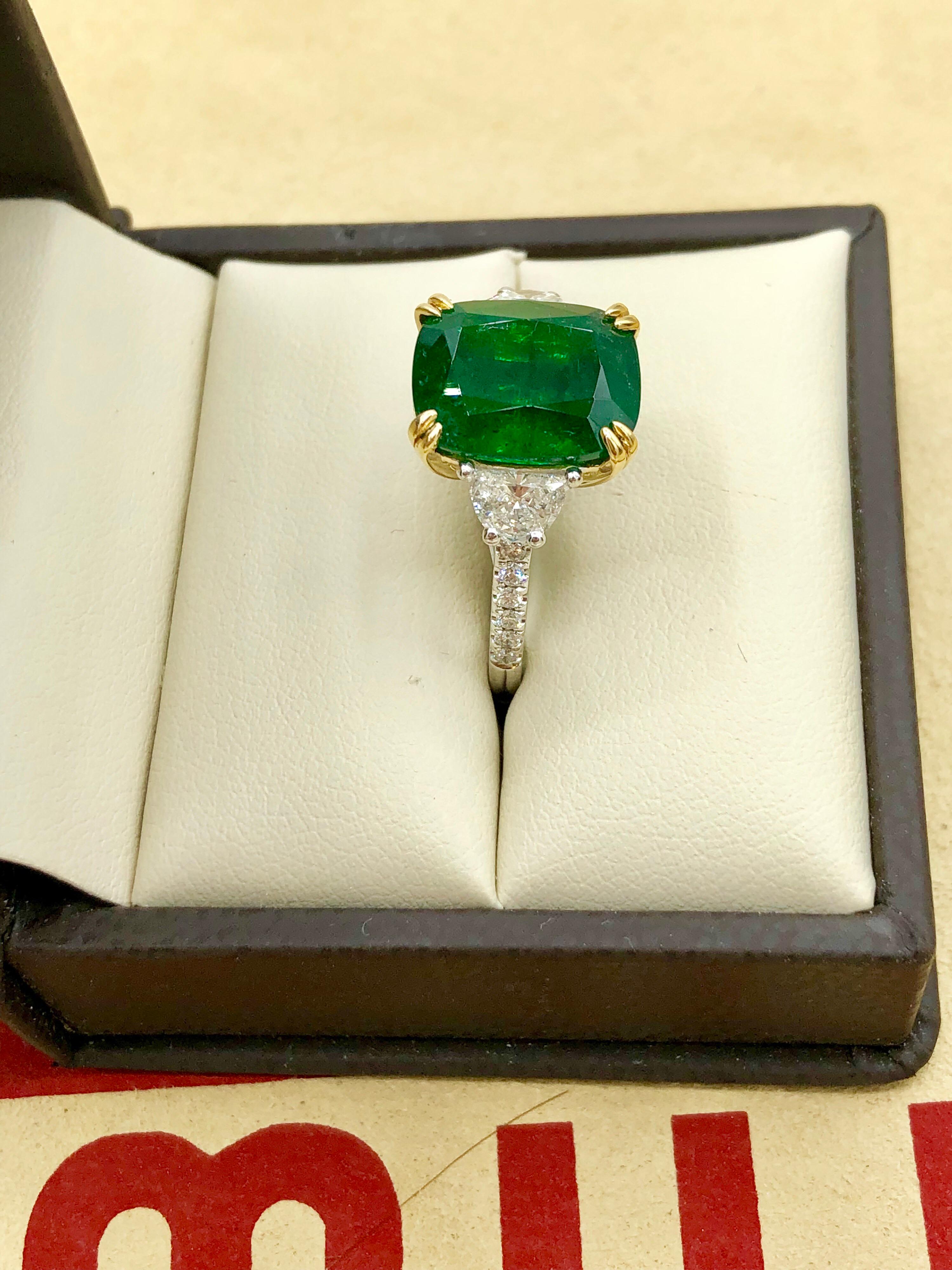 Emilio Jewelry Certified 6.85 Carat Vivid Green Emerald Diamond Platinum Ring 5