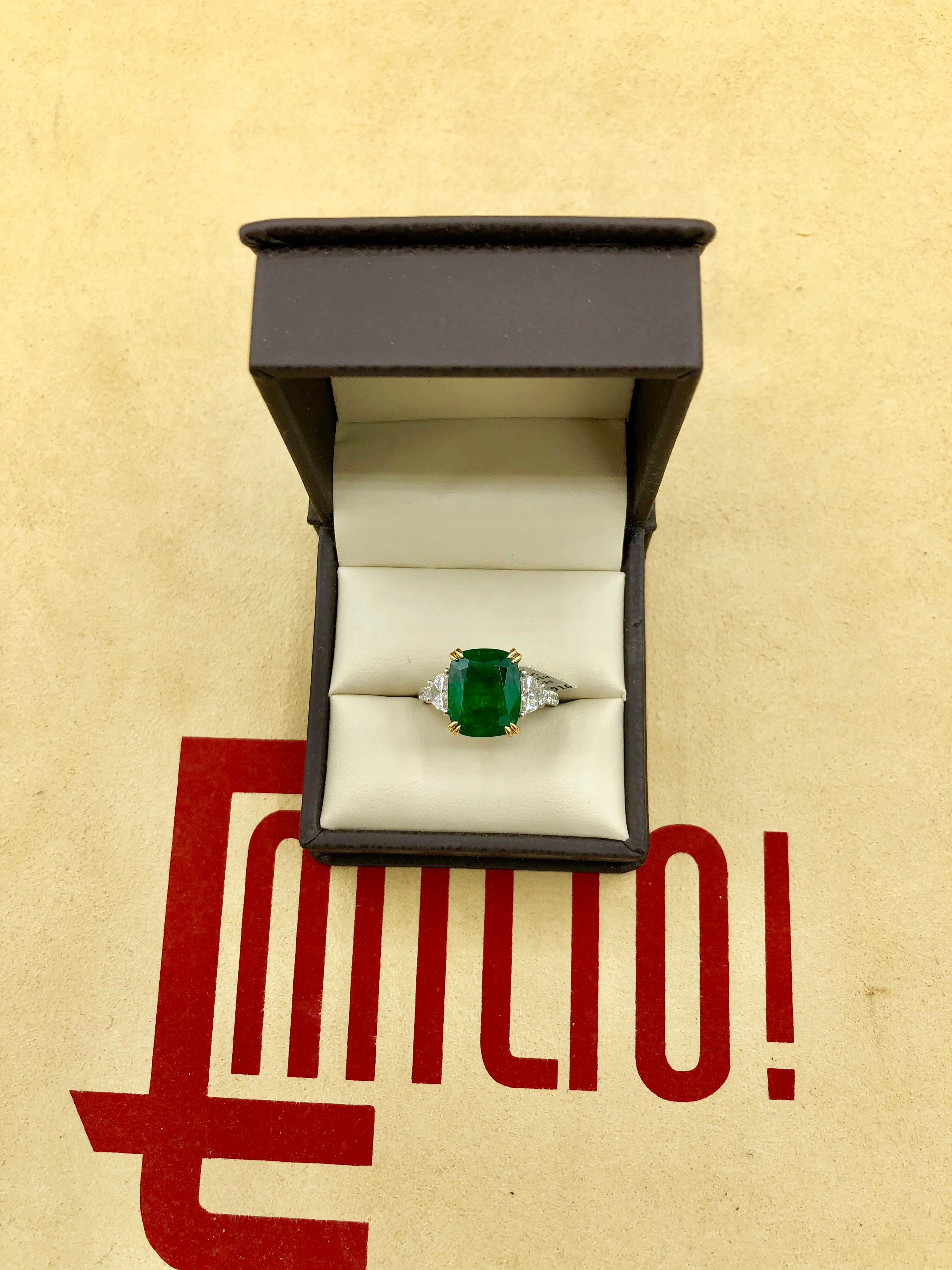 Emilio Jewelry Certified 6.85 Carat Vivid Green Emerald Diamond Platinum Ring 2