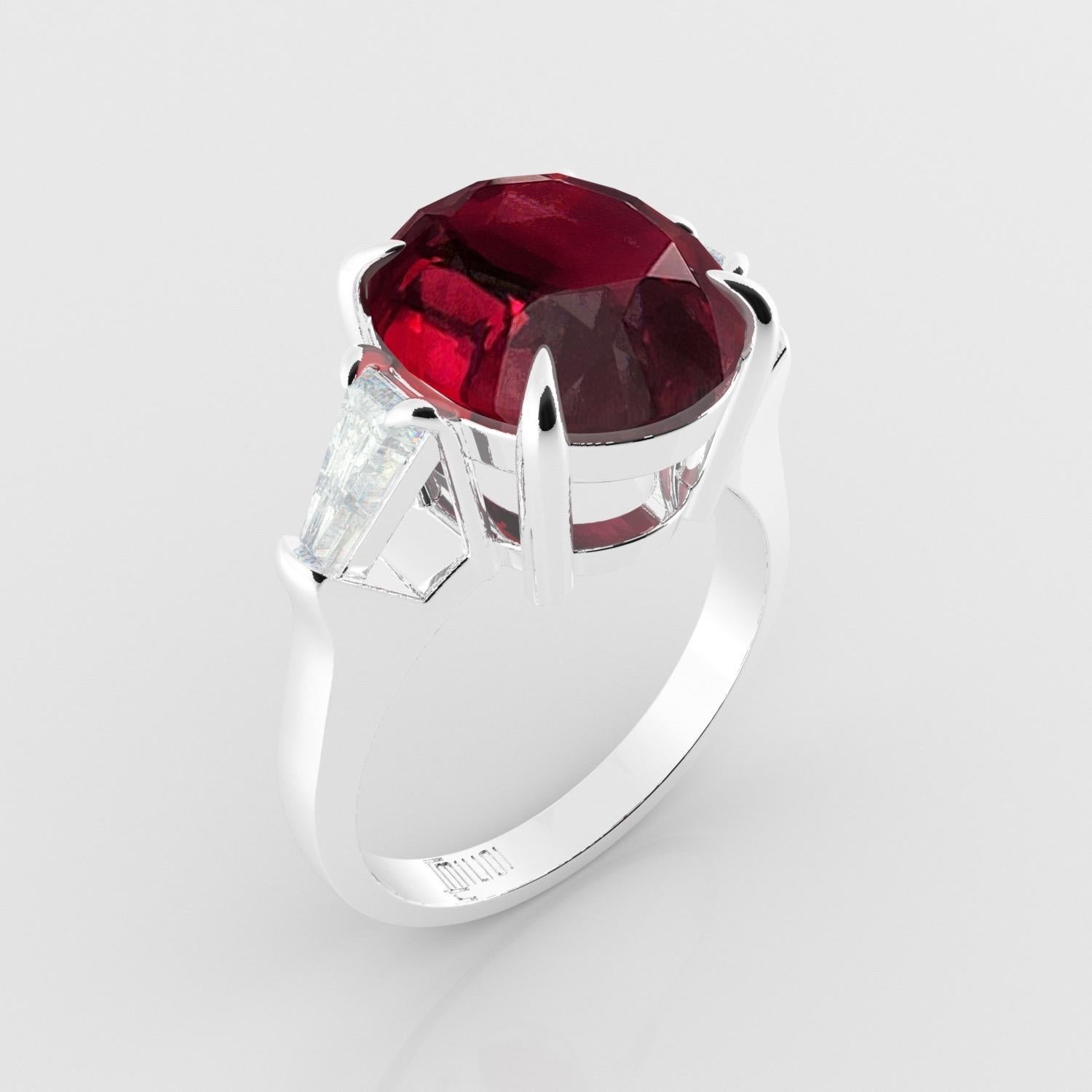 From the museum vault at Emilio Jewelry New York,

A magnificent ruby certified as vivid red and pigeons blood sits in the center of our handmade classic ring. Please inquire for certificate, and details. The title consists of the approximate total