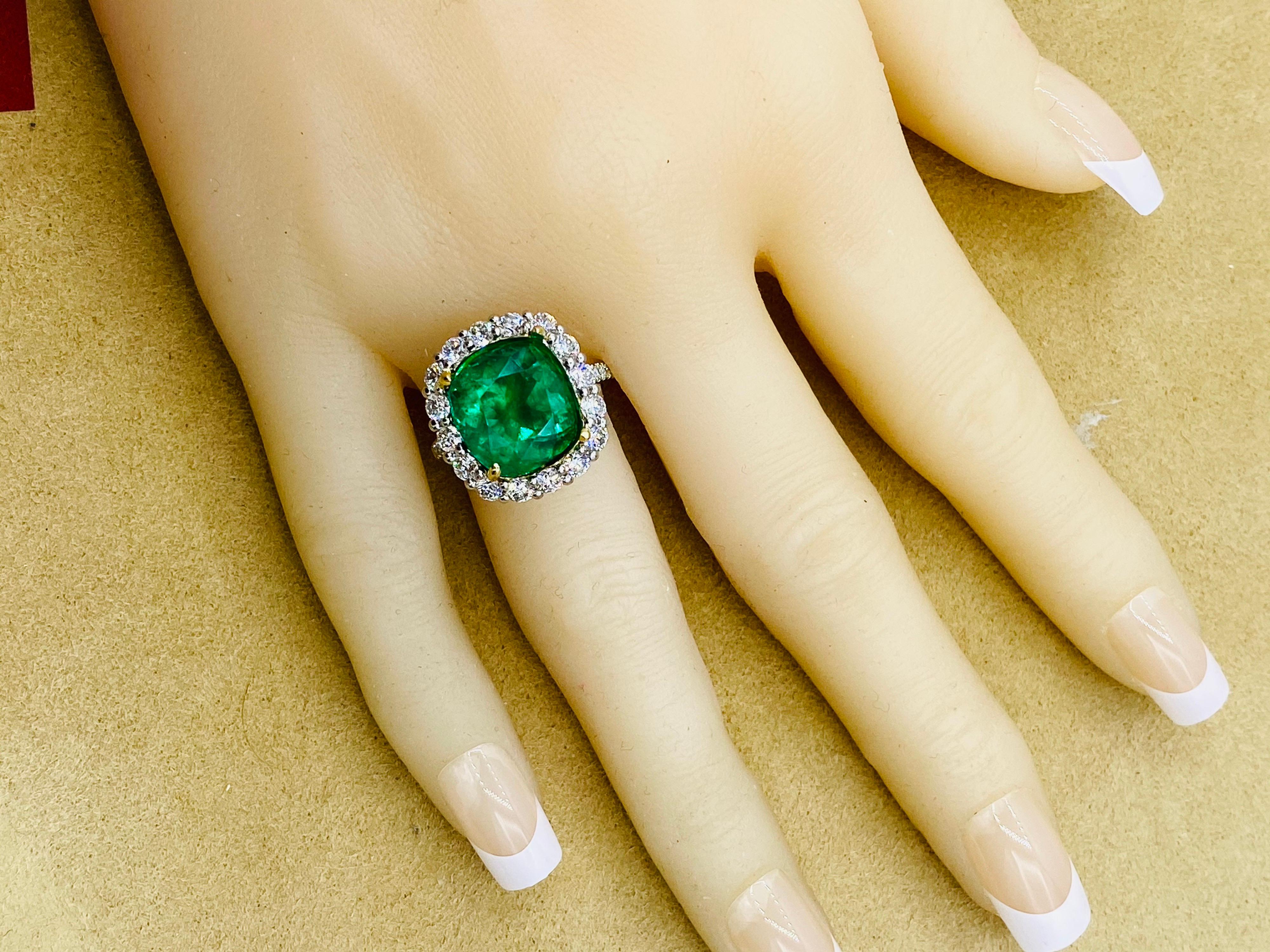 Cushion Cut Emilio Jewelry Certified 7.65 Carat Muzo Vivid Green Colombian Emerald Ring
