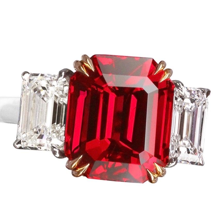 Emilio Jewelry Certified 8.00 Carat No Heat Emerald Cut Ruby Ring  In New Condition For Sale In New York, NY