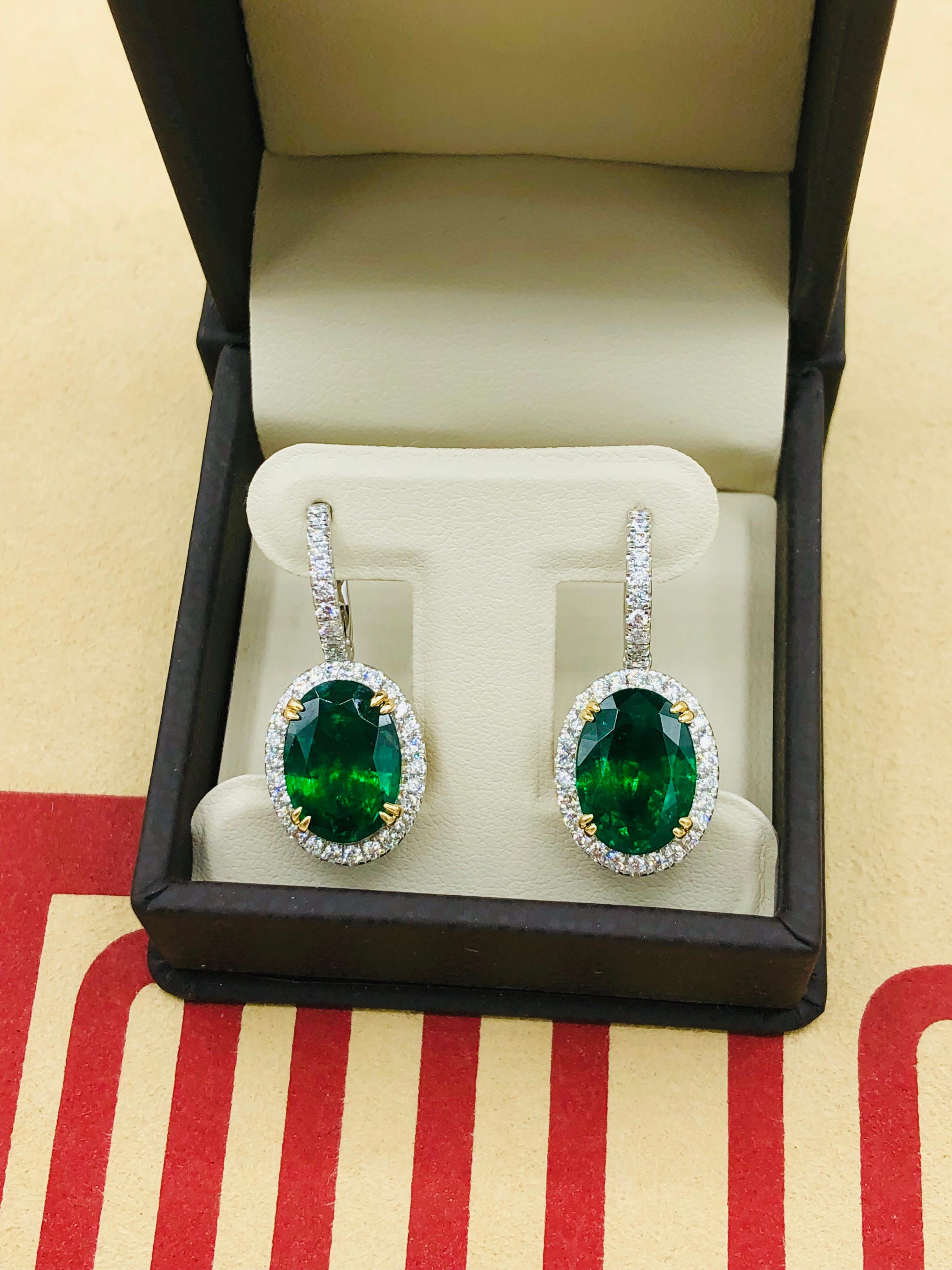Emilio Jewelry Certified 8.49 Carat Platinum Emerald Diamond Earrings For Sale 4