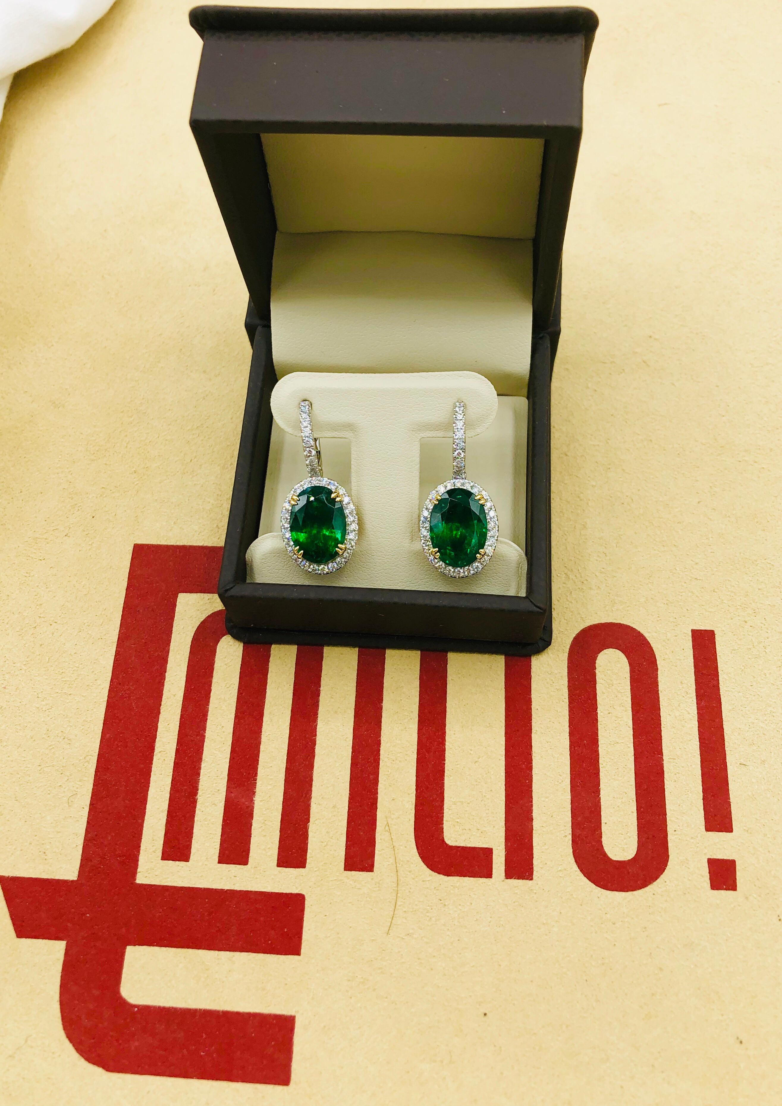 Emilio Jewelry Certified 8.49 Carat Platinum Emerald Diamond Earrings For Sale 5
