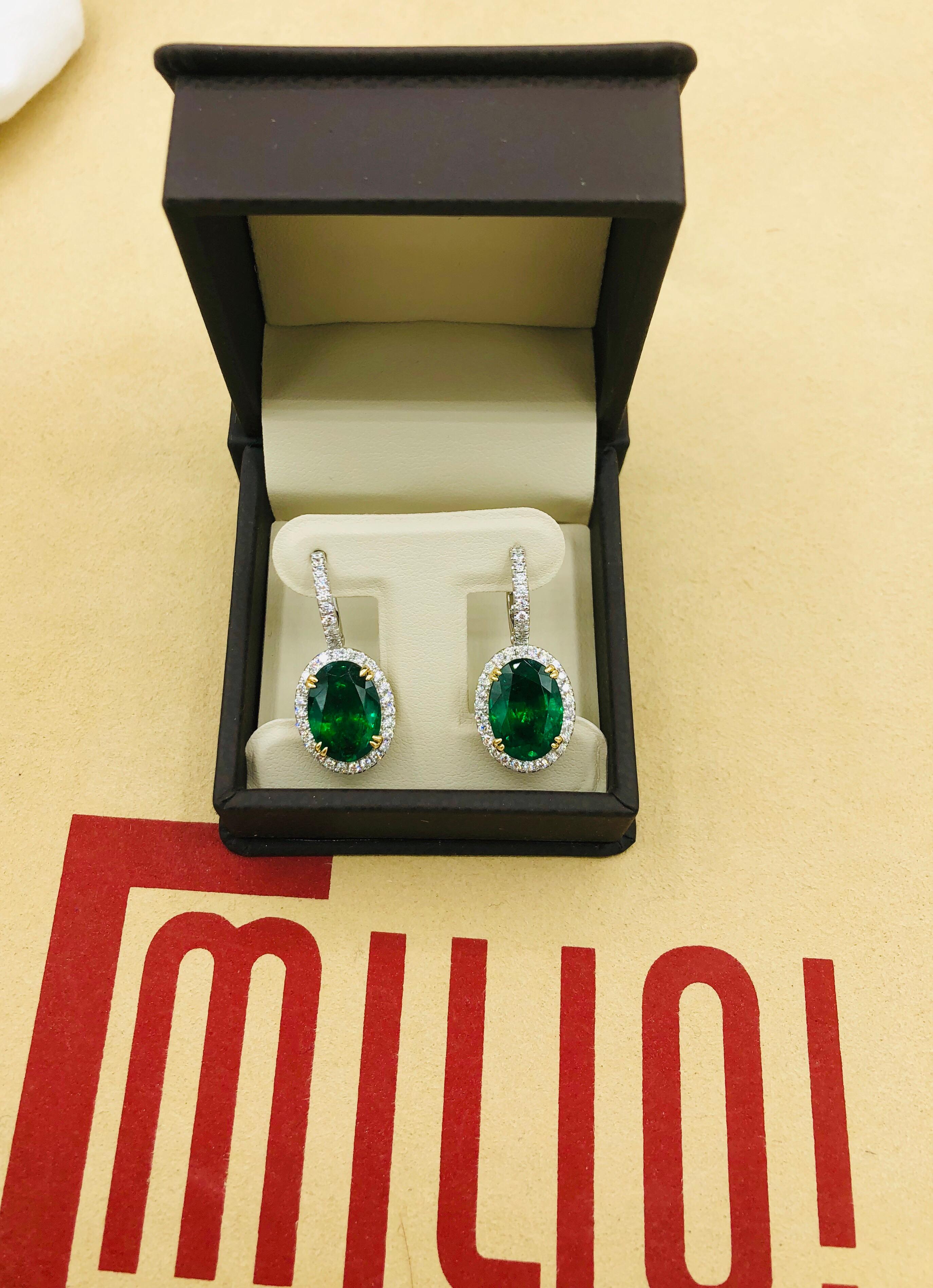 Emilio Jewelry Certified 8.49 Carat Platinum Emerald Diamond Earrings For Sale 6