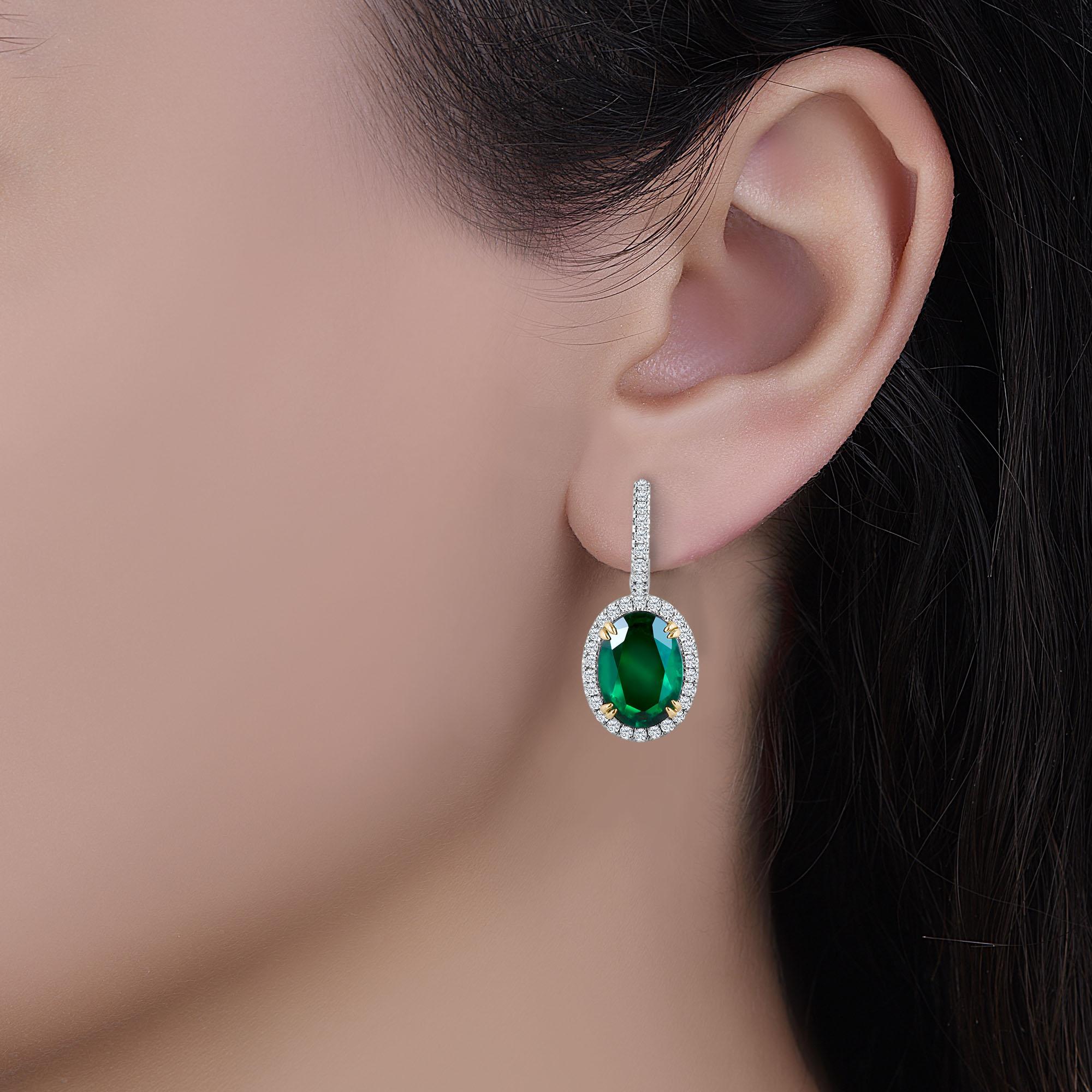 Emilio Jewelry Certified 8.49 Carat Platinum Emerald Diamond Earrings For Sale 1