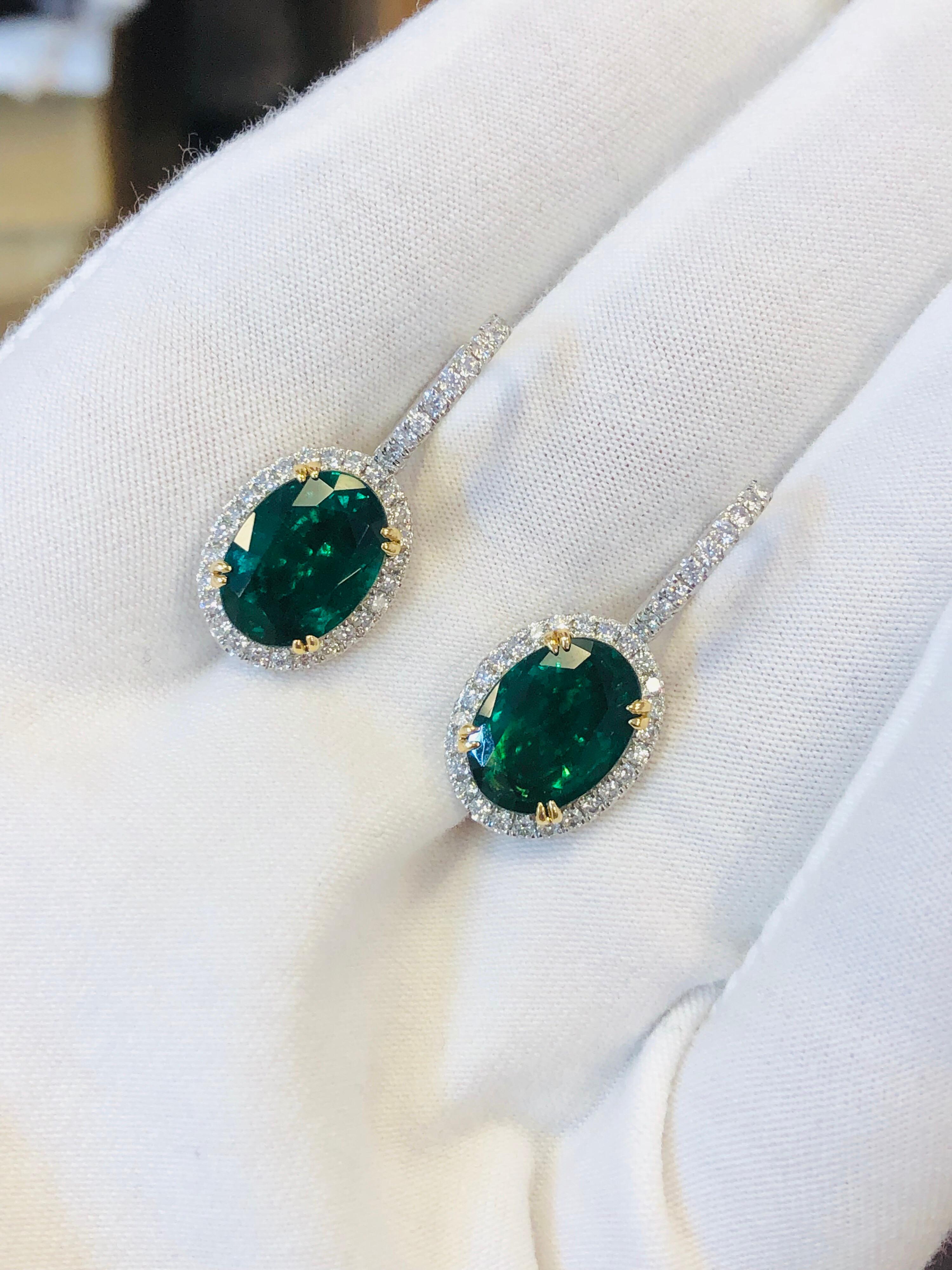 Emilio Jewelry Certified 8.49 Carat Platinum Emerald Diamond Earrings For Sale 2