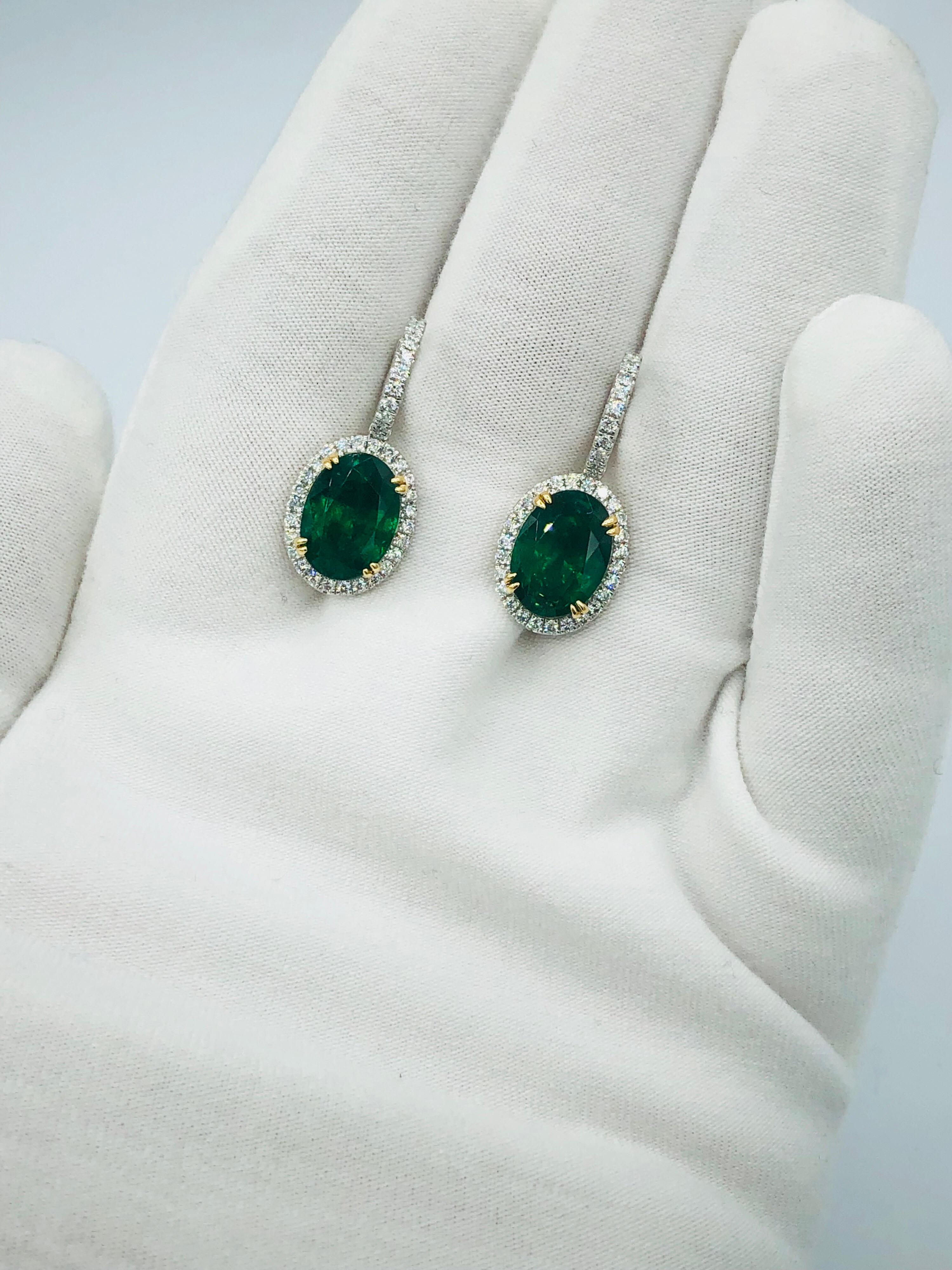 Emilio Jewelry Certified 8.49 Carat Platinum Emerald Diamond Earrings For Sale 3