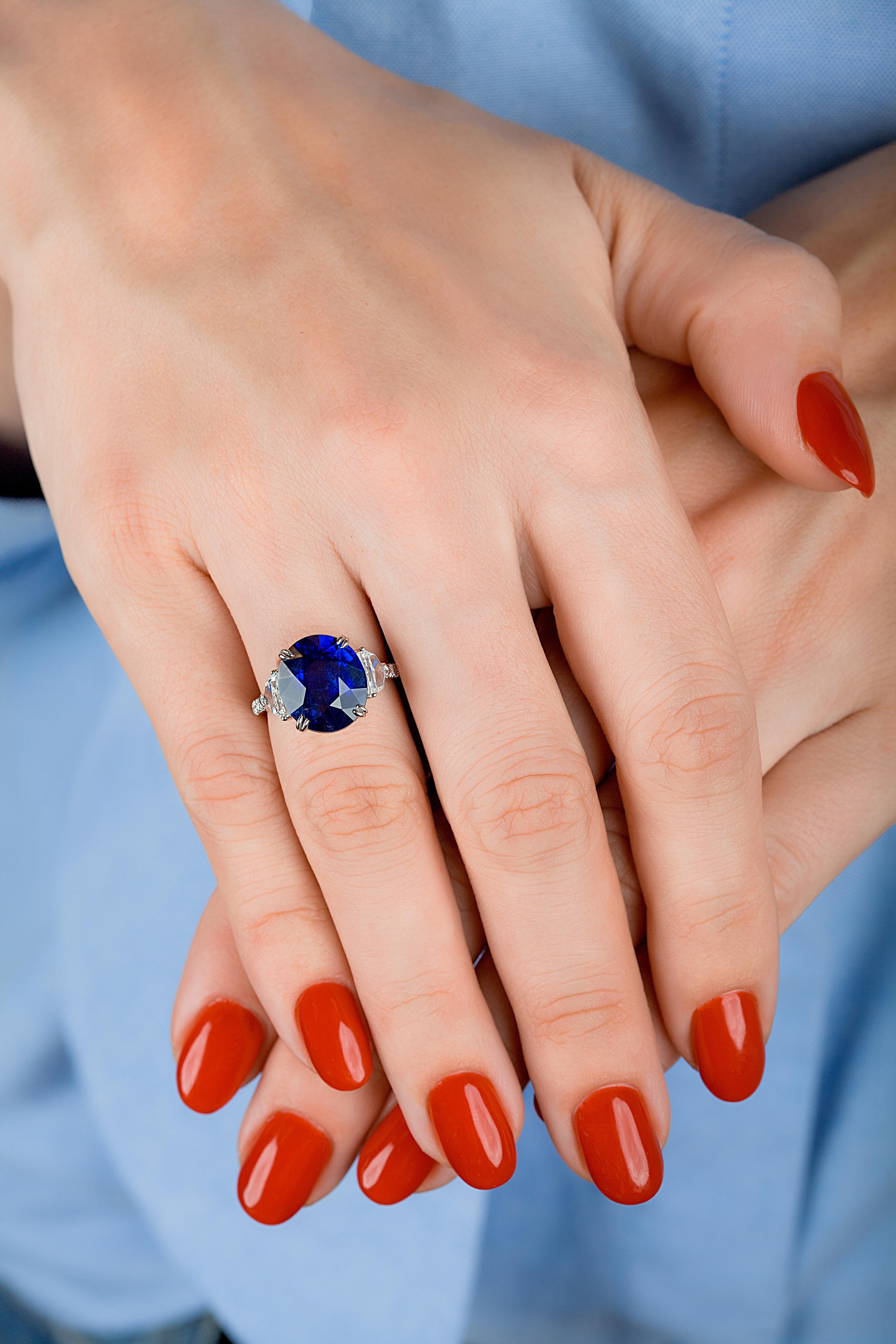 Emilio Jewelry Certified 8.75 Carat Vivid Blue Sapphire Diamond Ring 1