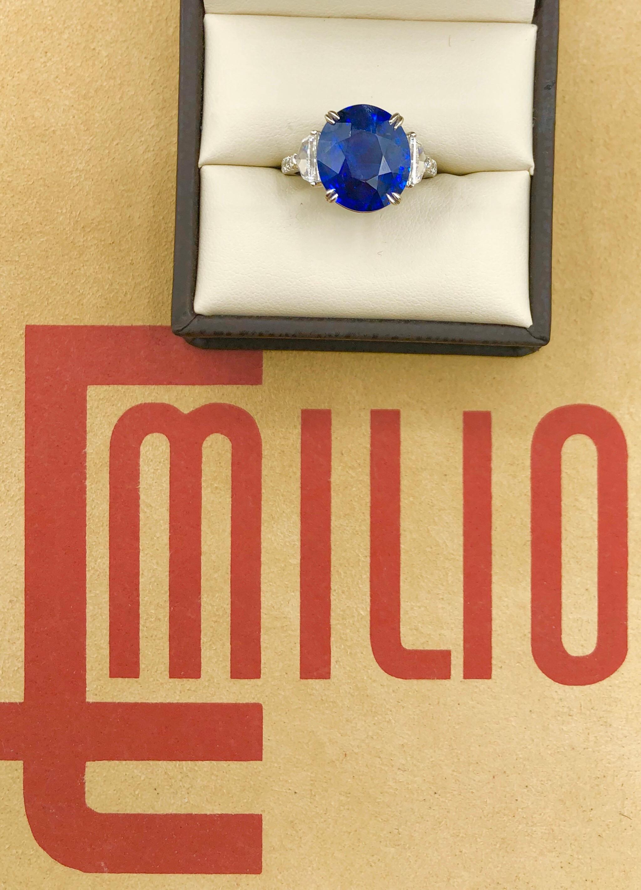Emilio Jewelry Certified 8.75 Carat Vivid Blue Sapphire Diamond Ring 2