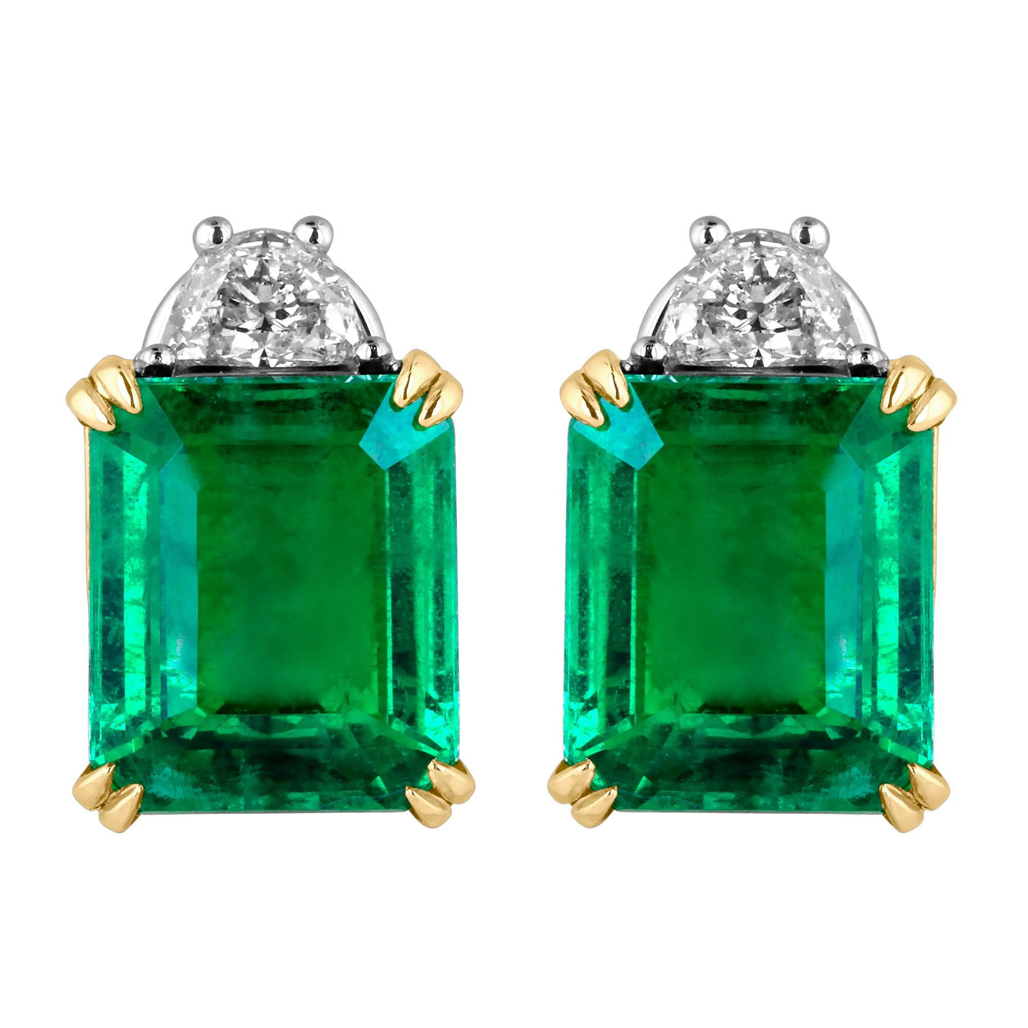 Emilio Jewelry Certified 9.65 Carat Genuine Emerald Diamond Platinum Earrings For Sale