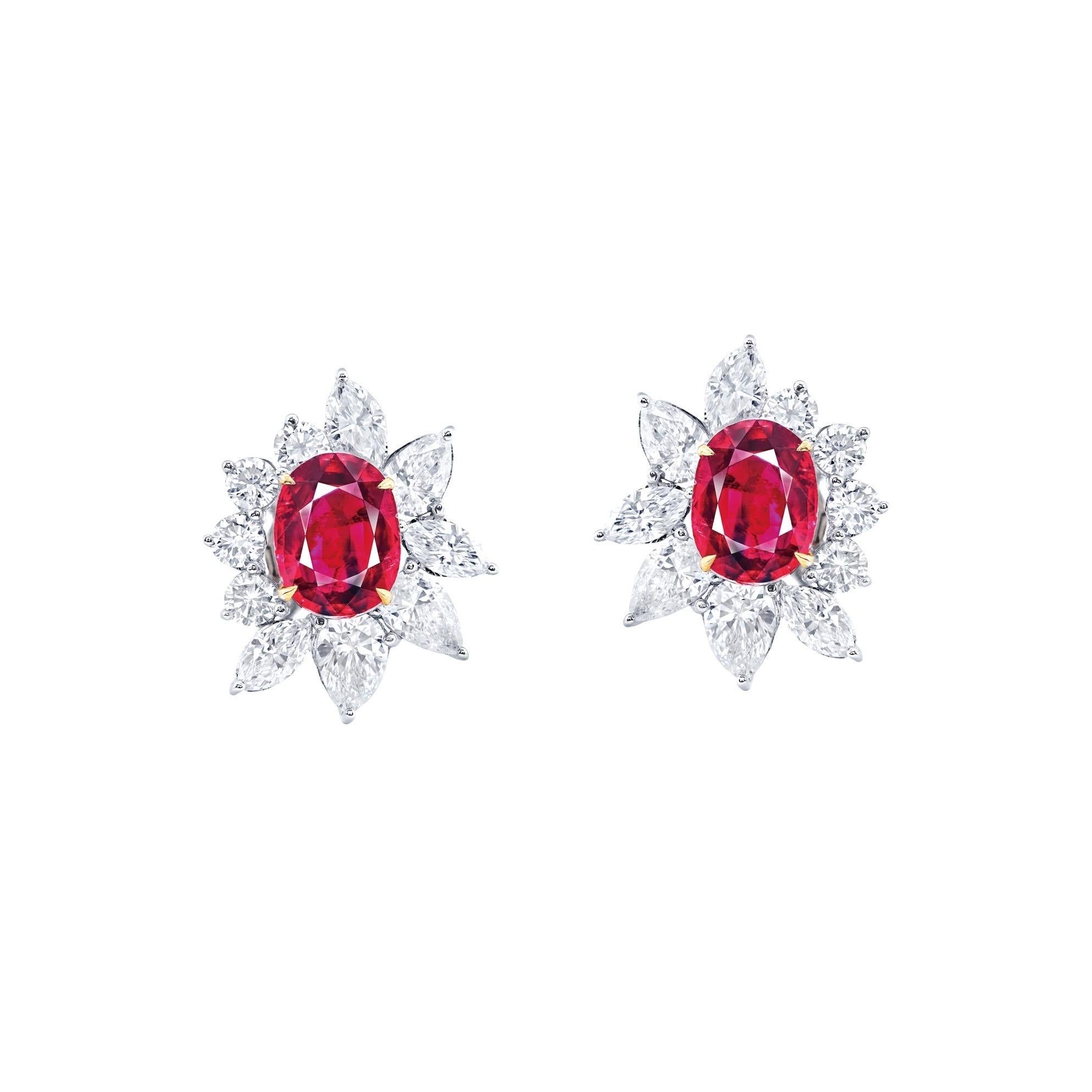From the Museum Vault at Emilio Jewelry, located on New York's iconic Fifth Avenue,
Main stones: 1.40 carat Vivid Red (PIGEON BLOOD) OVAL, 1.36 carat Vivid Red (PIGEON BLOOD) OVAL
Matching: 8 white diamonds totaling approximately 0.44 carats, 6