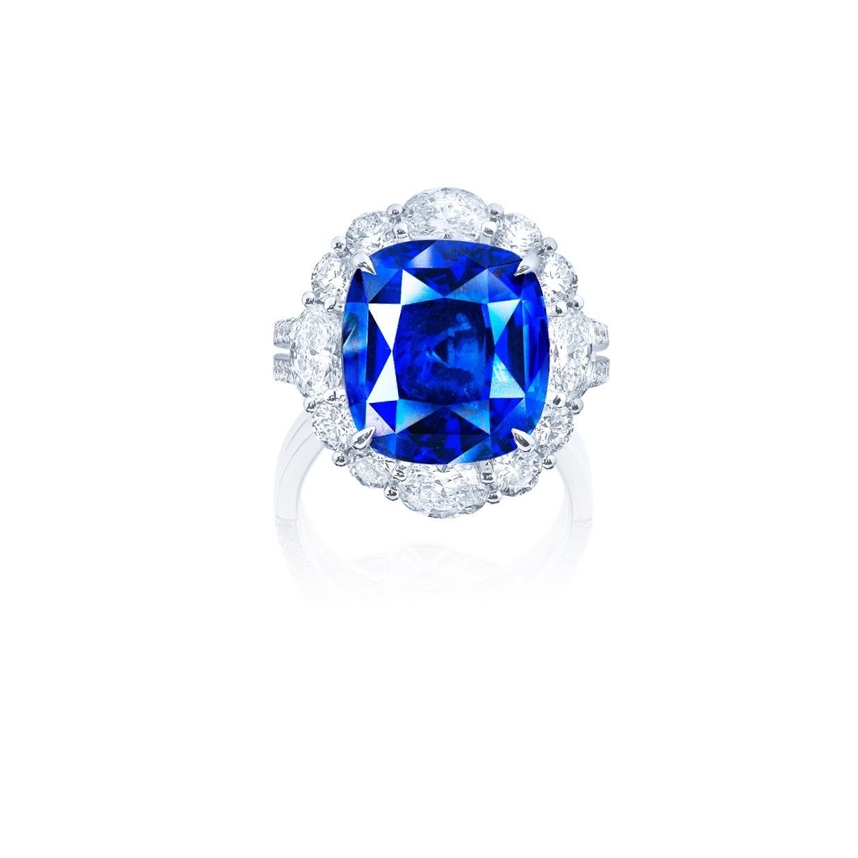Main stone: Just over 6 carat “Cornflower Blue” certified No Heat sapphire of superb clarity. The most desirable beautiful color. 

Ceylon, or Sri Lanka, is located in the southeast of India and has been known as the 