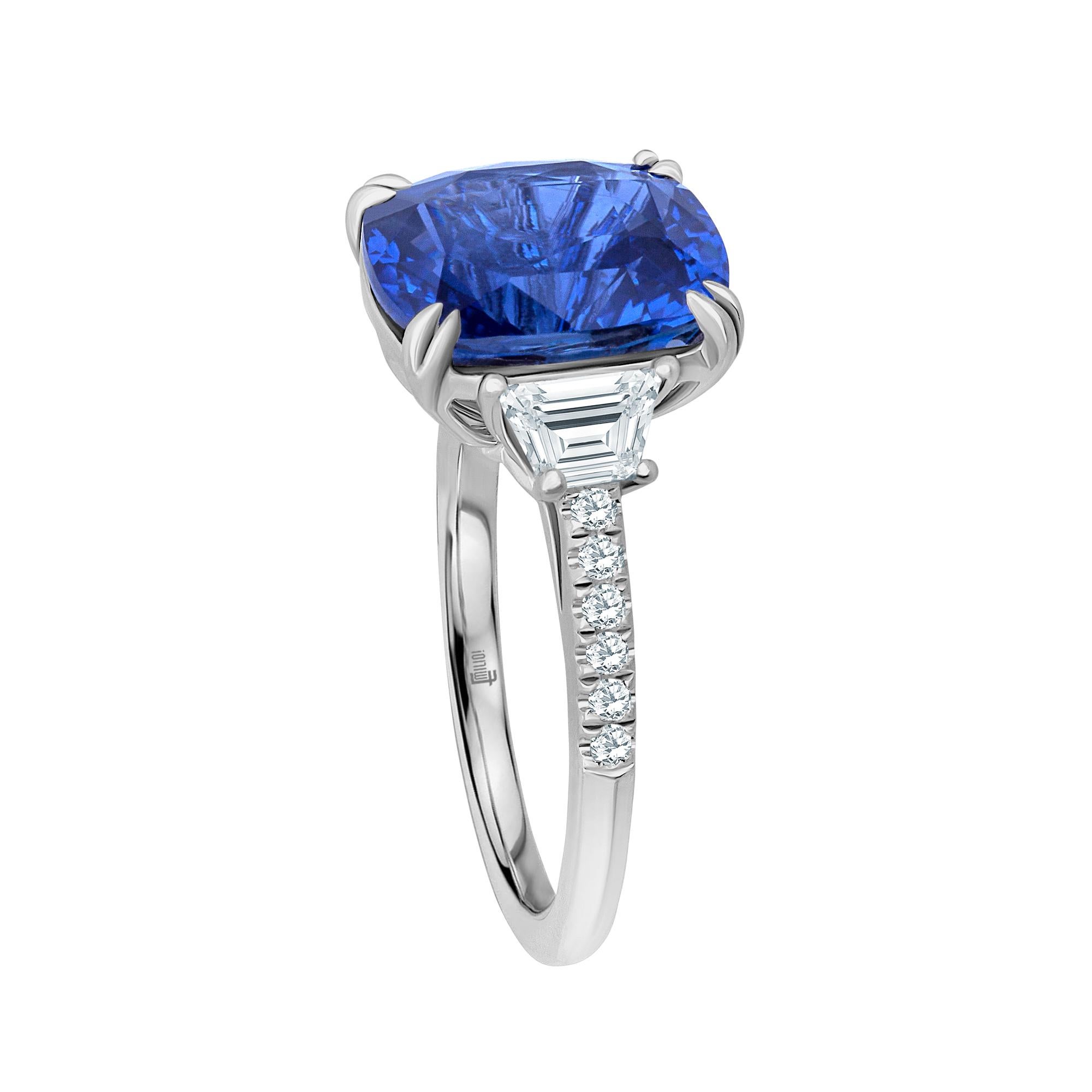 Emilio Jewelry Certified Cushion Sapphire Diamond Platinum Ring 
This amazing ring is unique and well thought out before Emilio designed it! Most women today want a ring that is striking, yet humble enough to wear to perform everyday errands. This