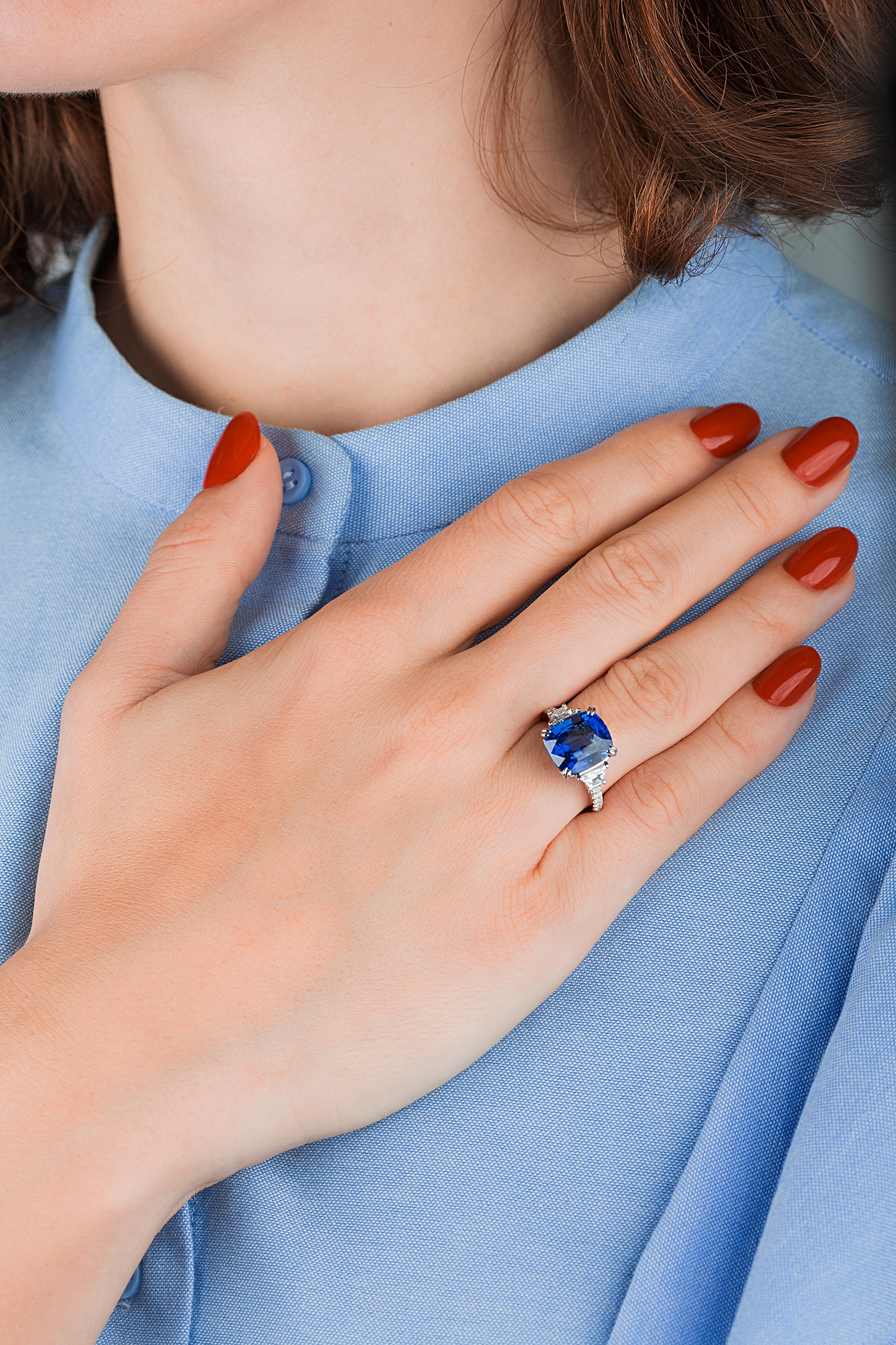 Emilio Jewelry Certified 8.54 Carat Cushion Sapphire Diamond Platinum Ring For Sale 4