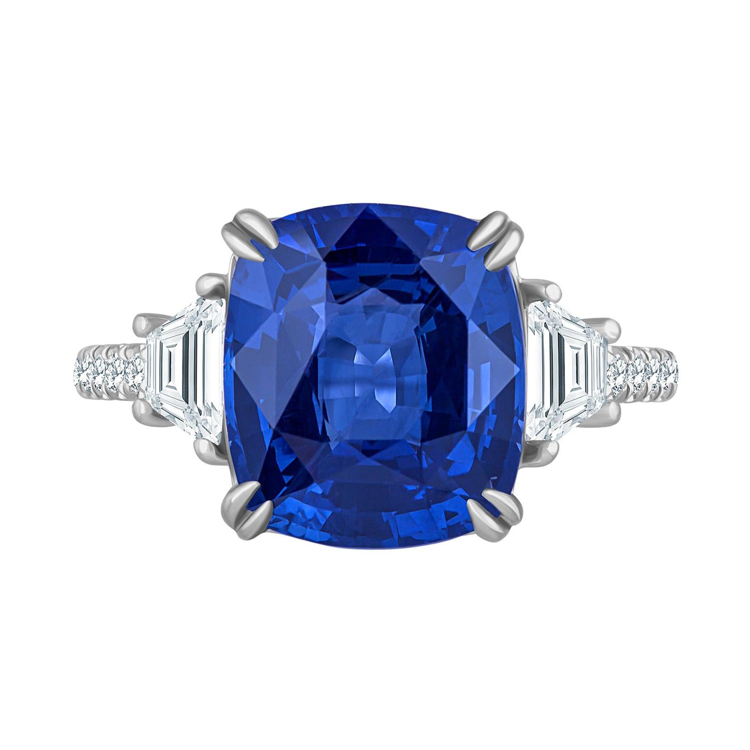 Emilio Jewelry Platinring mit zertifiziertem 8,54 Karat Saphir und Diamant im Kissenschliff