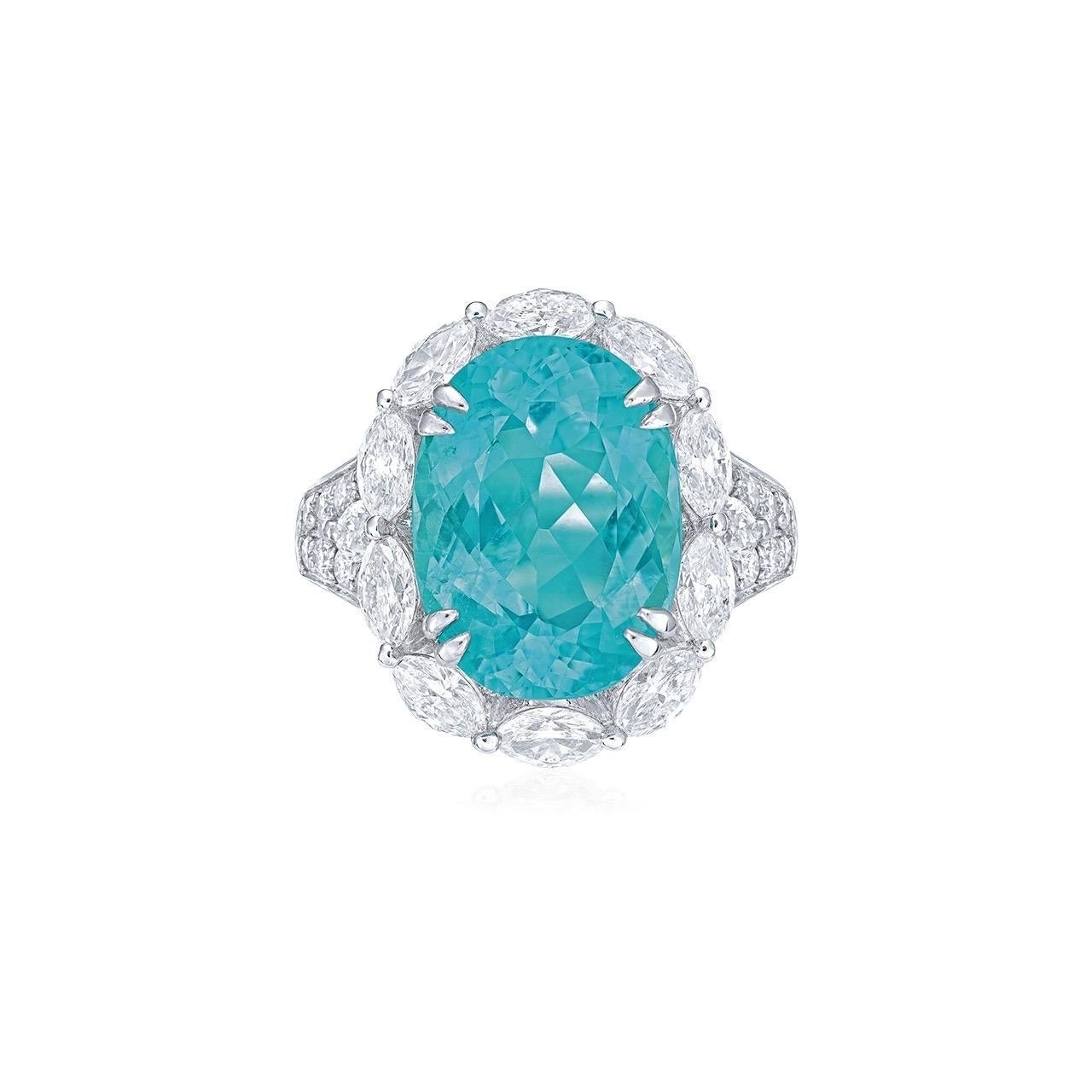 Mozambique natural Main stone: 6.57 carat Greenish Blue Paraiba. The stone is natural and untreated. 

Setting: 24 white diamonds totaling approximately 0.35 carats, 12 fancy-cut white diamonds totaling approximately 1.65 carats

From Emilio