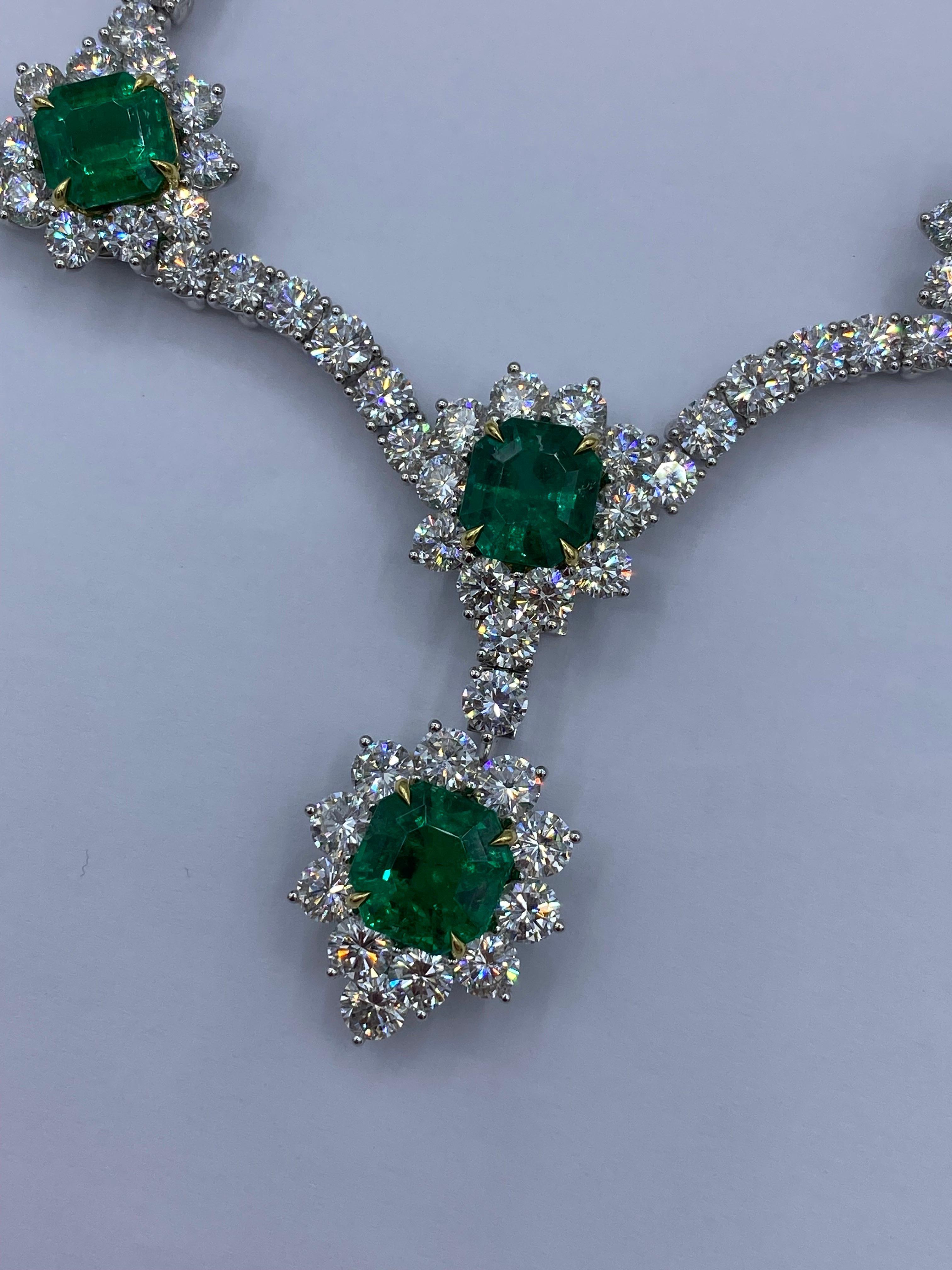 Emerald Cut Emilio Jewelry Certified Muzo Colombian Vivid Green Emerald Diamond Necklace  For Sale