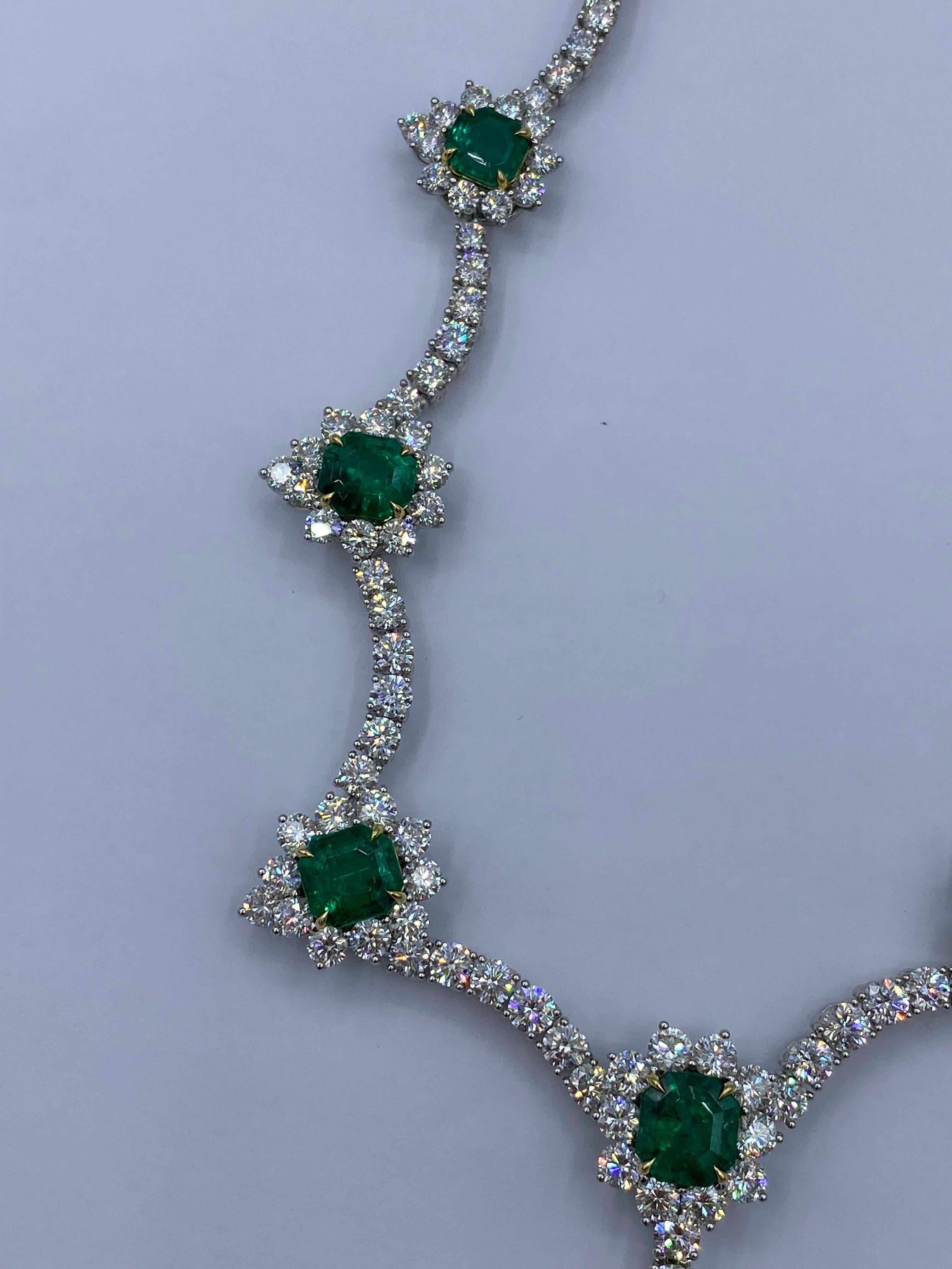 Emilio Jewelry Certified Muzo Colombian Vivid Green Emerald Diamond Necklace  In New Condition For Sale In New York, NY