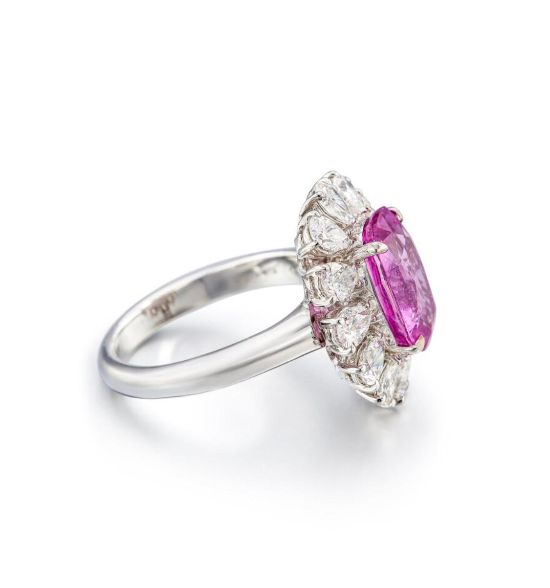Cushion Cut Emilio Jewelry Certified No Heat 5.90 Carat Pink Sapphire Ring For Sale