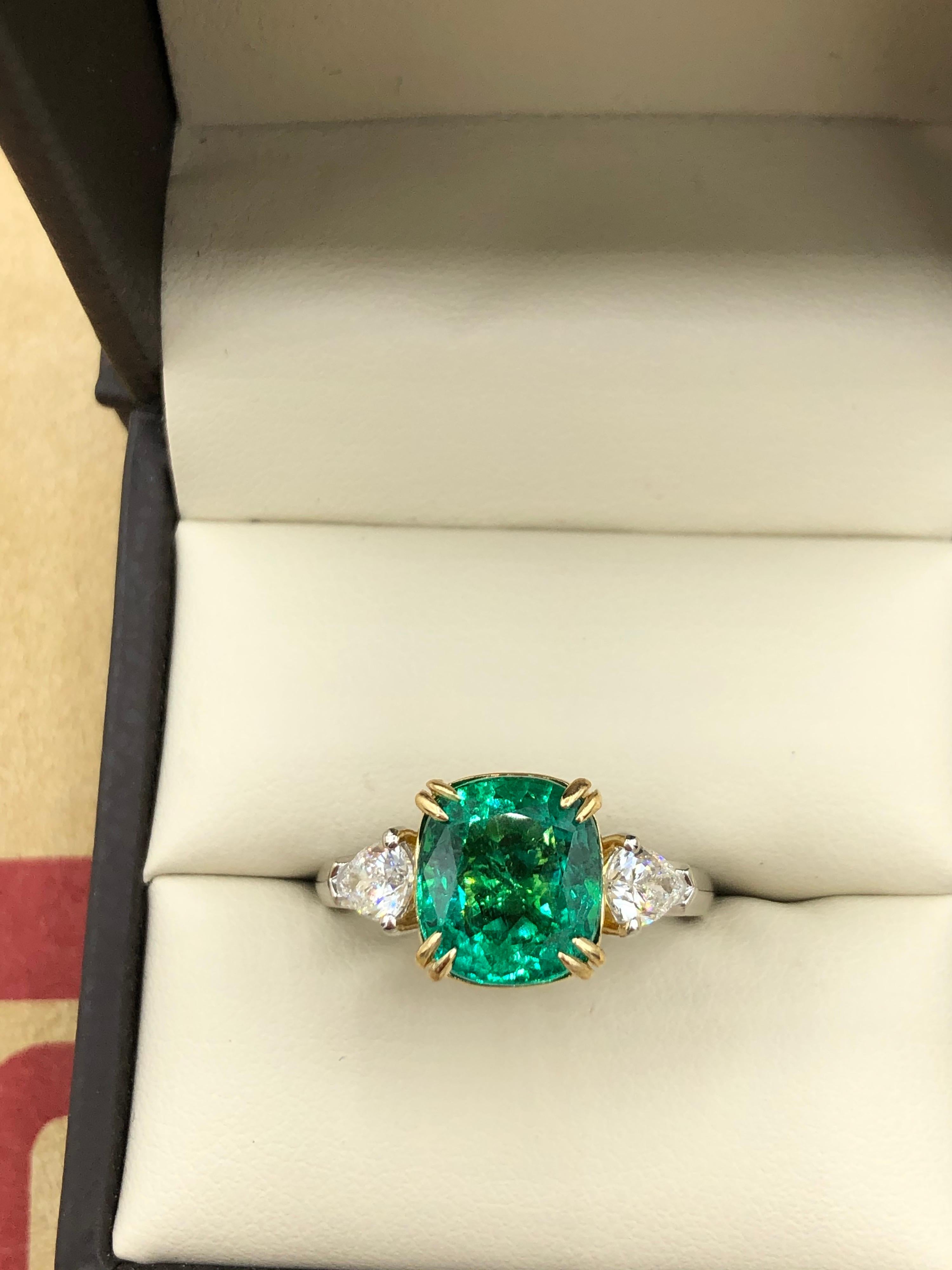 Cushion Cut Emilio Jewelry Certified No Oil Untreated 4.18 Carat Emerald Ring