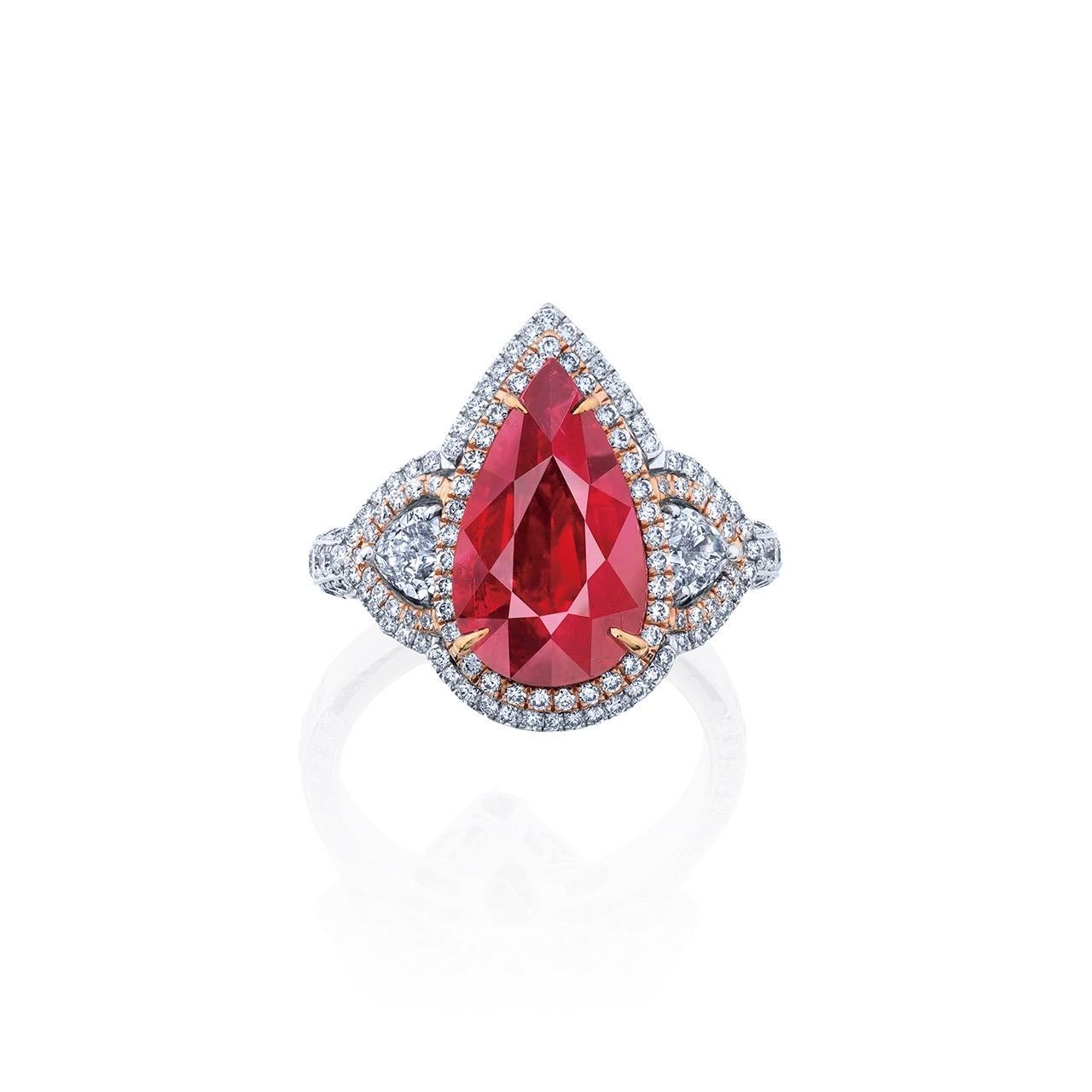 From Emilio Jewelry, a well known and respected wholesaler/dealer located on New York’s iconic Fifth Avenue, 
Center: 4.40ct + Mozambique Ruby, Untreated Vivid Red 
Please inquire for more images, certificates, details, and any questions. Please