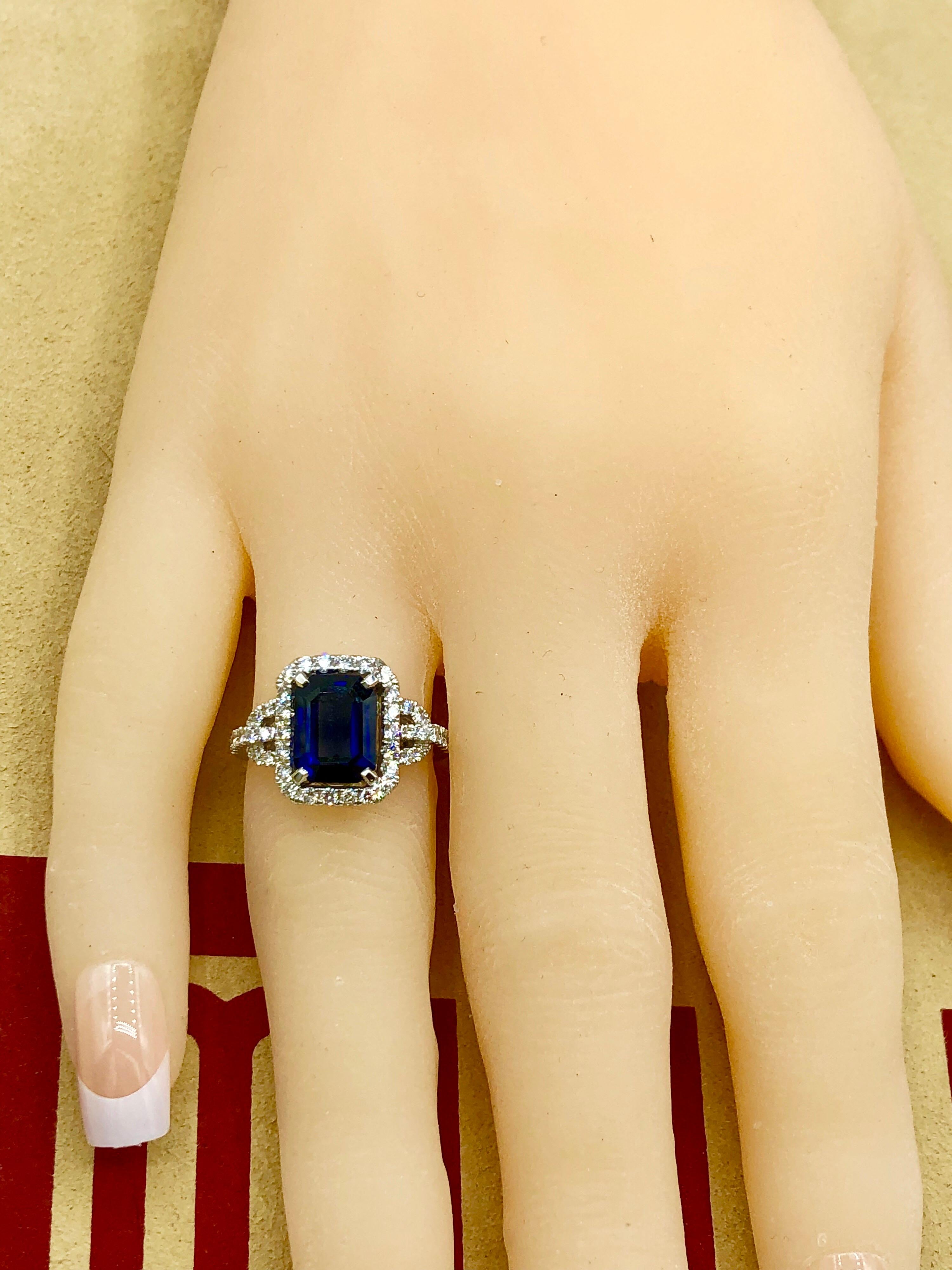 Emilio Jewelry Certified Royal Blue Emerald Cut Sapphire Diamond Ring 3