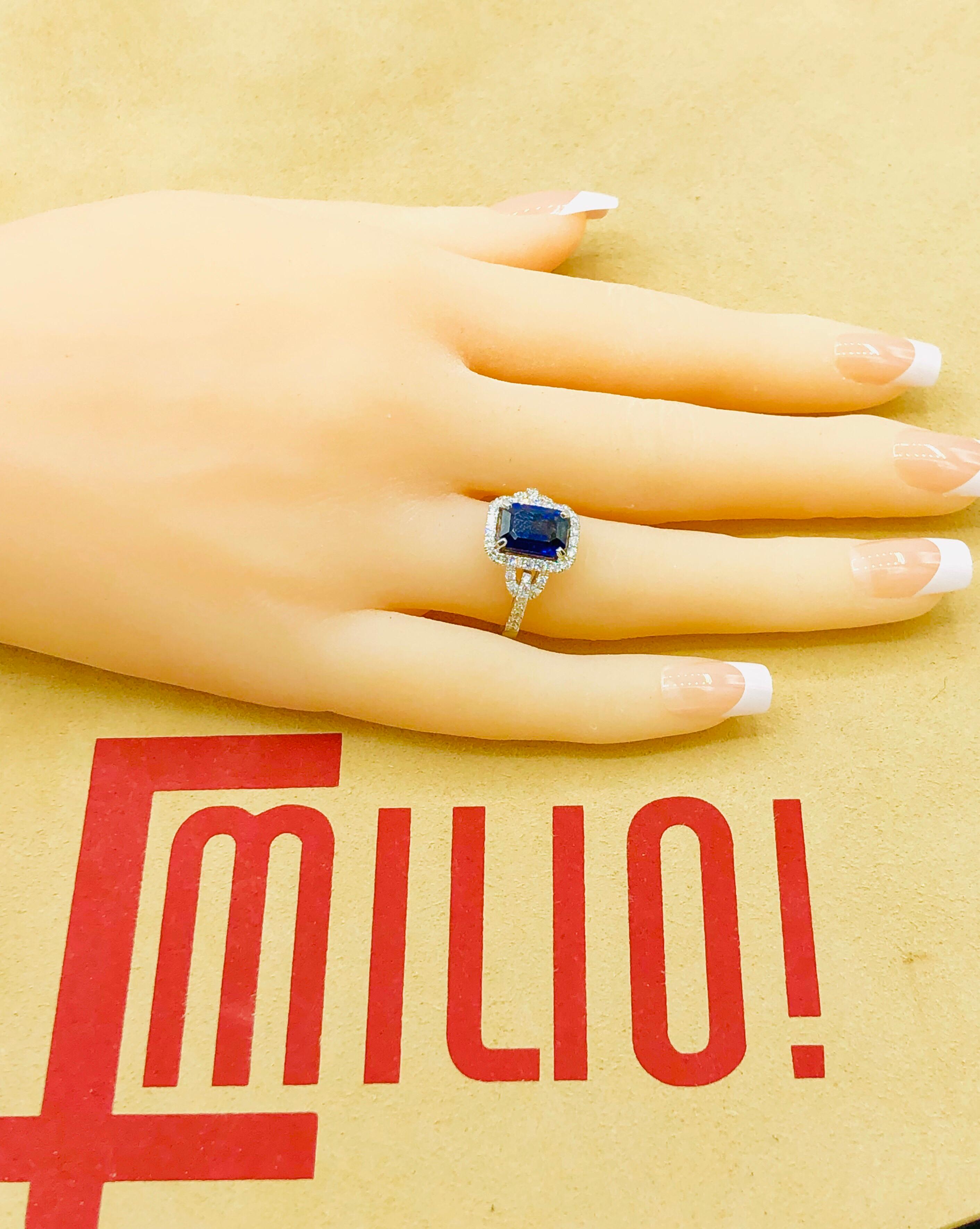 Emilio Jewelry Certified Royal Blue Emerald Cut Sapphire Diamond Ring 4