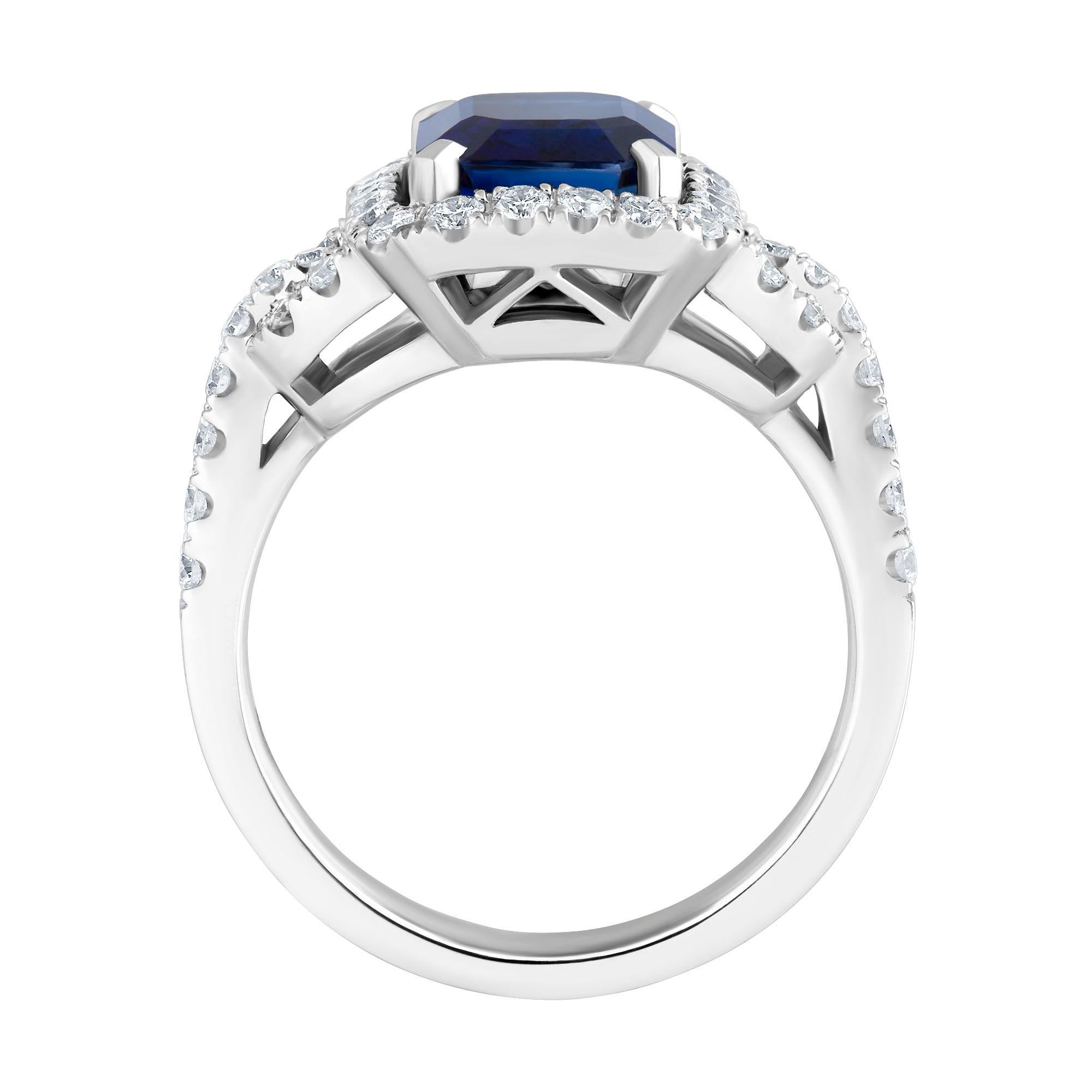 This ring was created by Emilio Jewelry in 18k white gold and the center stone is Grs Certified  sapphire as Vivid blue! 
Center weight: 4.10cts
Diamond quality: E-F Color VVs1 clarity 
Please Call our direct line 6468461904 8am-11pm daily closed on