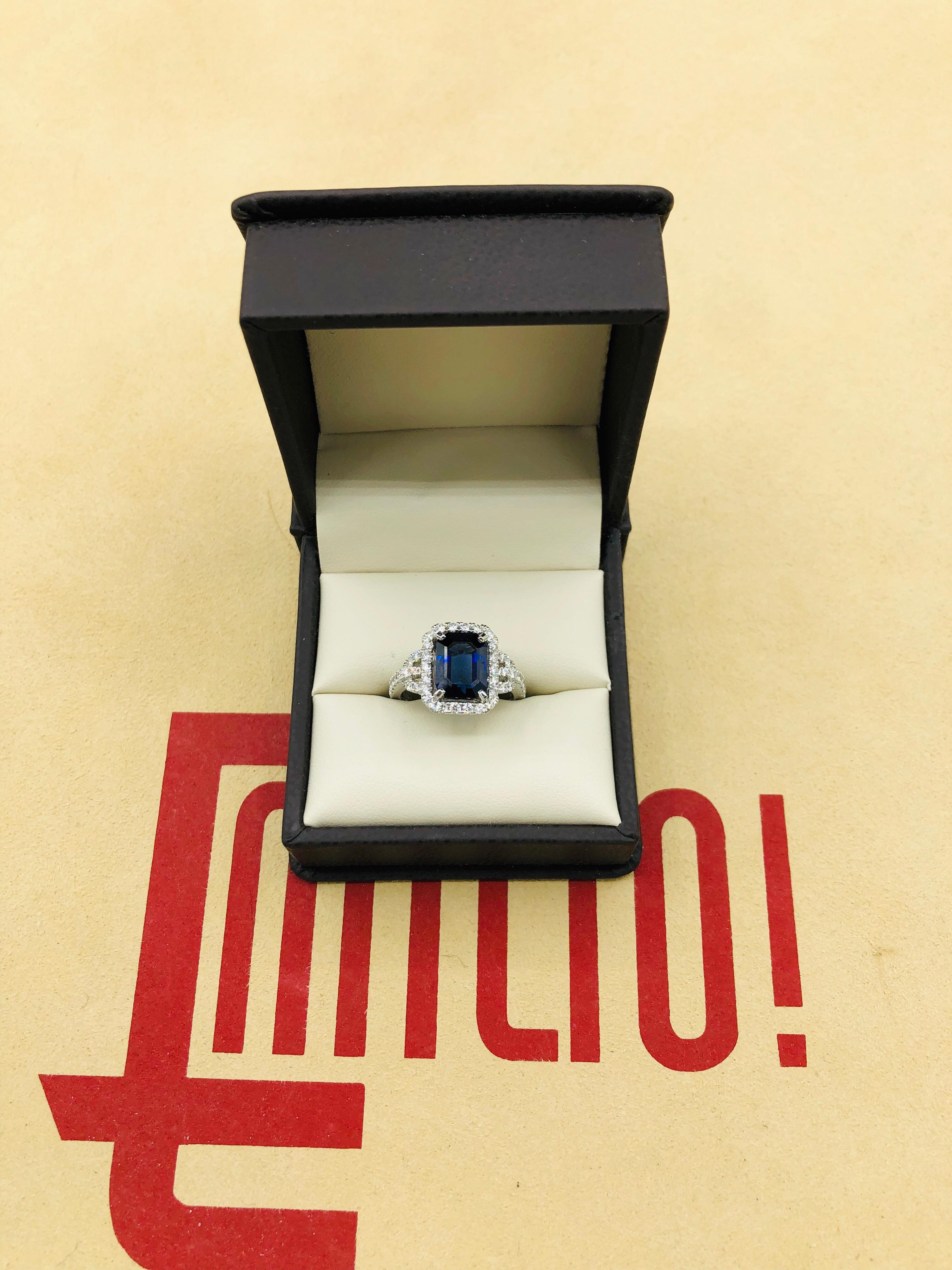 Emilio Jewelry Certified Royal Blue Emerald Cut Sapphire Diamond Ring In New Condition In New York, NY