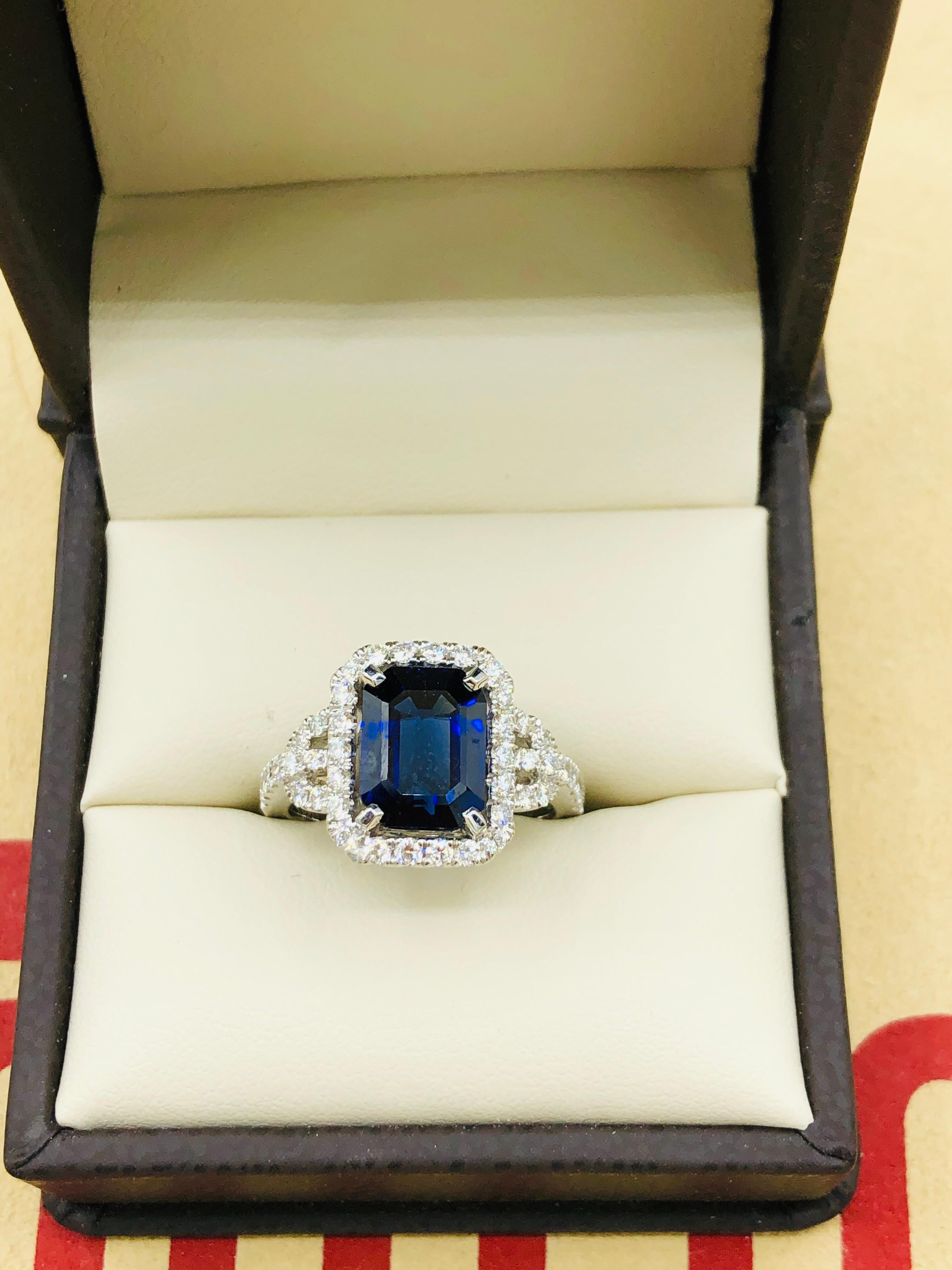 Women's or Men's Emilio Jewelry Certified Royal Blue Emerald Cut Sapphire Diamond Ring