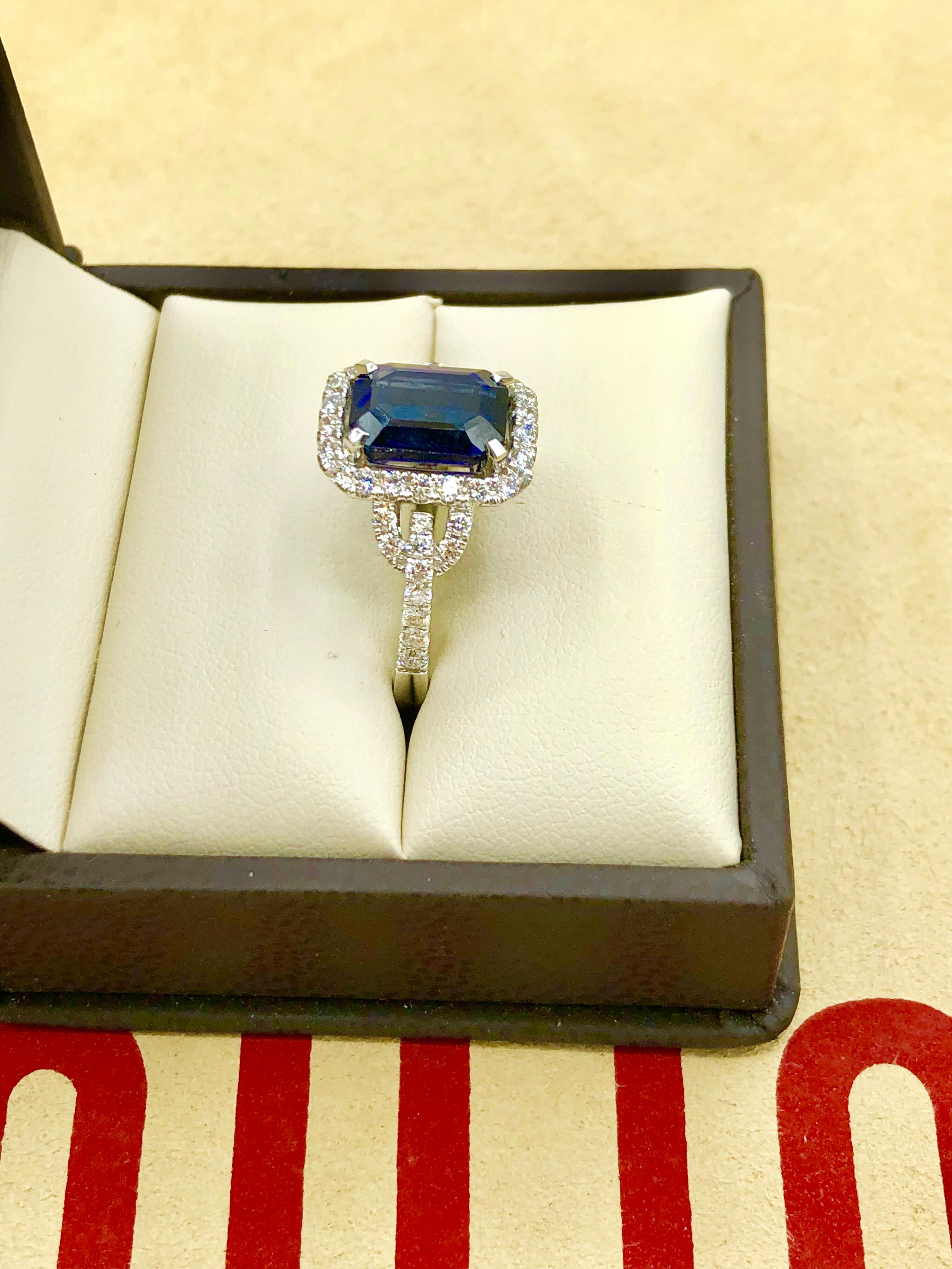 Emilio Jewelry Certified Royal Blue Emerald Cut Sapphire Diamond Ring 1