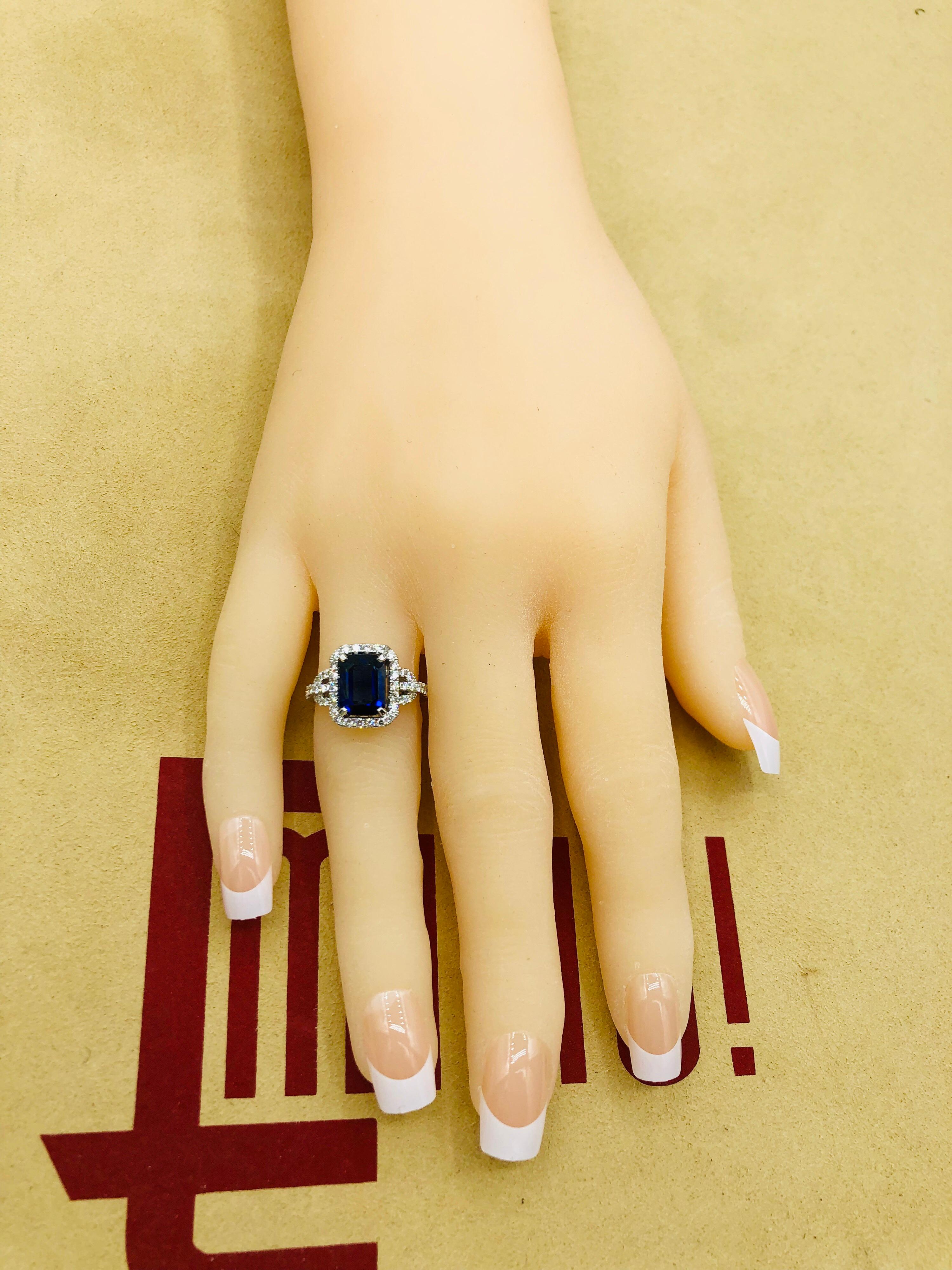 Emilio Jewelry Certified Royal Blue Emerald Cut Sapphire Diamond Ring 2