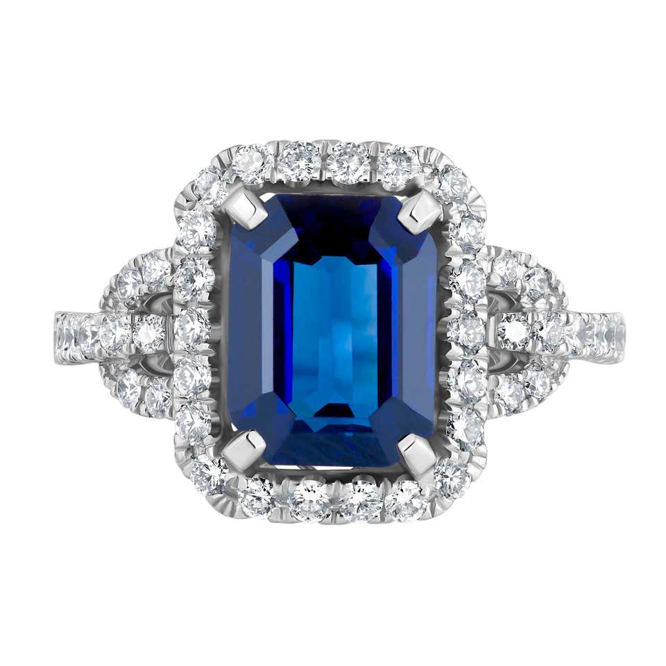 Royal Blue Emerald Cut Sapphire Diamond Gold Swirl Ring at 1stDibs