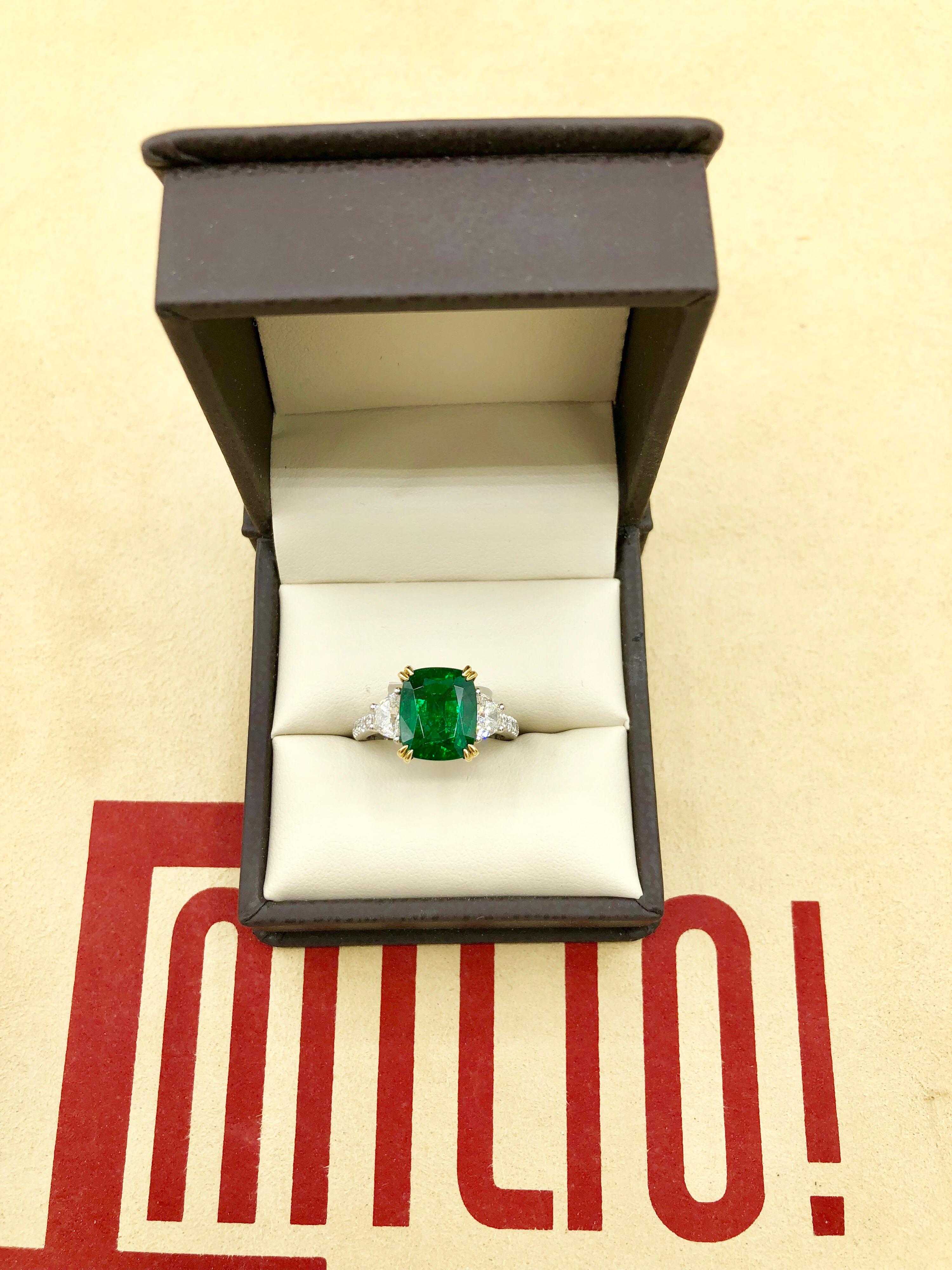 Emilio Jewelry Certified Vivid Green 4.97 Carat Emerald Diamond Platinum Ring 1