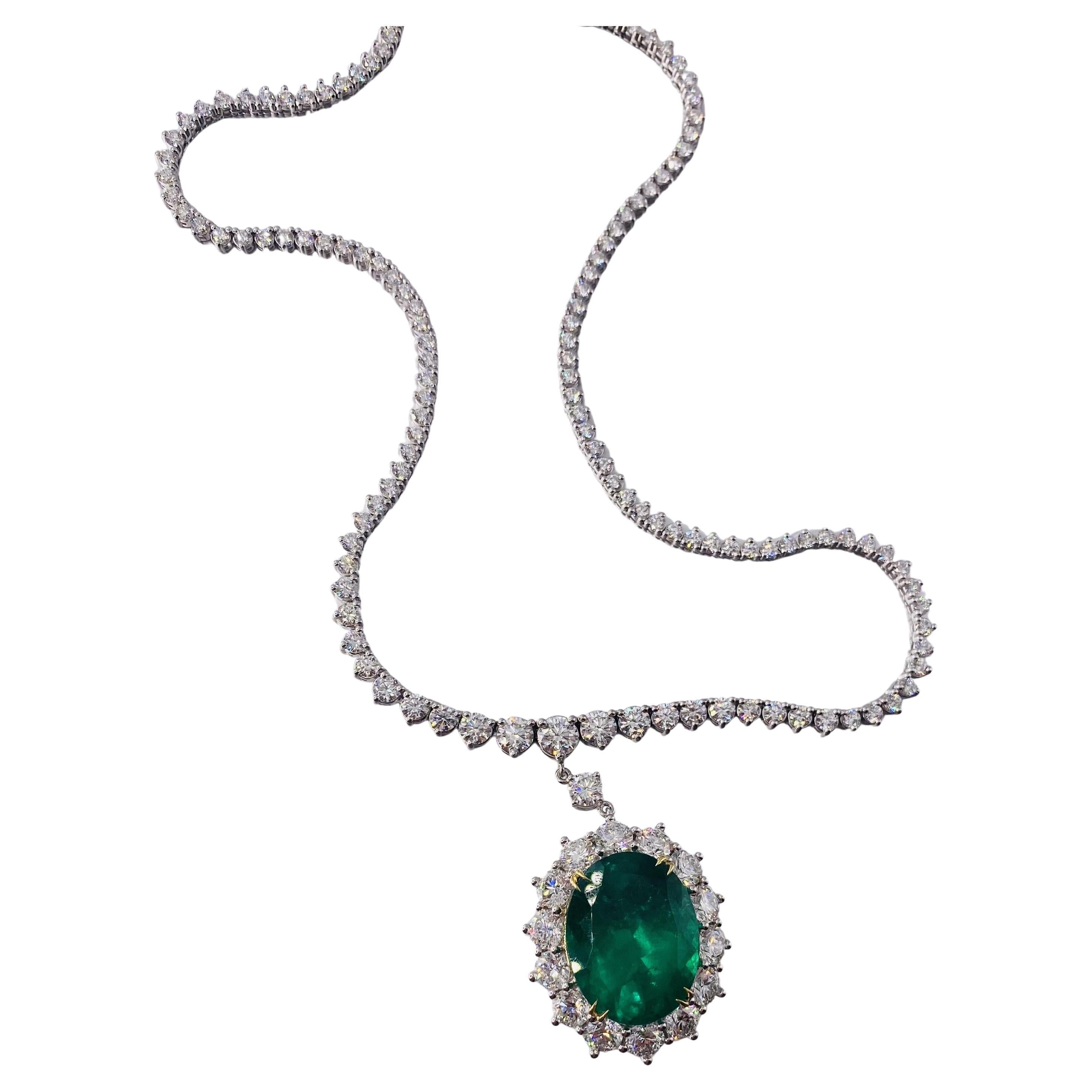 Emilio Jewelry Certified Vivid Green Over 20 Carat Colombian Emerald Necklace