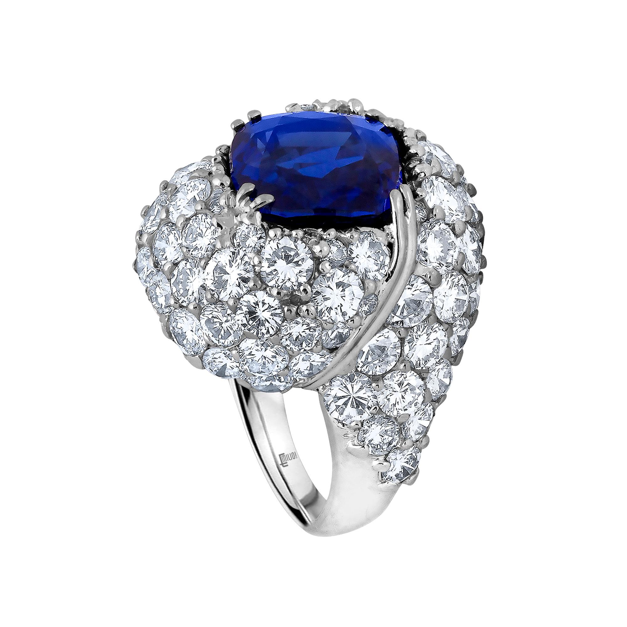 From The Museum Vault At Emilio Jewelry Located on New York's iconic Fifth avenue,
An Ultra Rare Royal Blue high quality Certified untreated and unheated Kashmir sapphire weighing 8.39 Carats in the center. We can happily redesign your dream ring