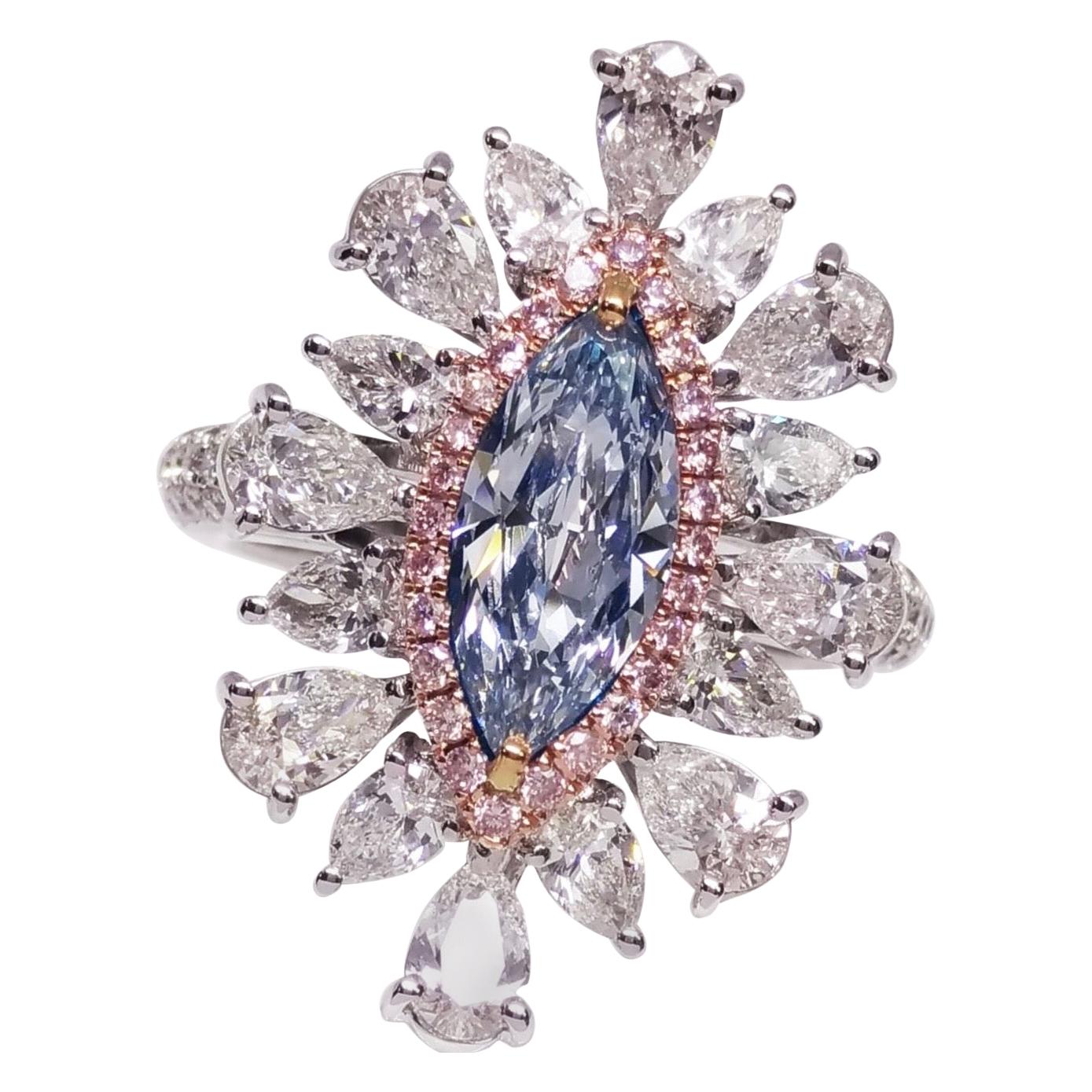Emilio Jewelry GIA zertifizierter 1,00 Karat Marquise natürlicher hellblauer Diamantring