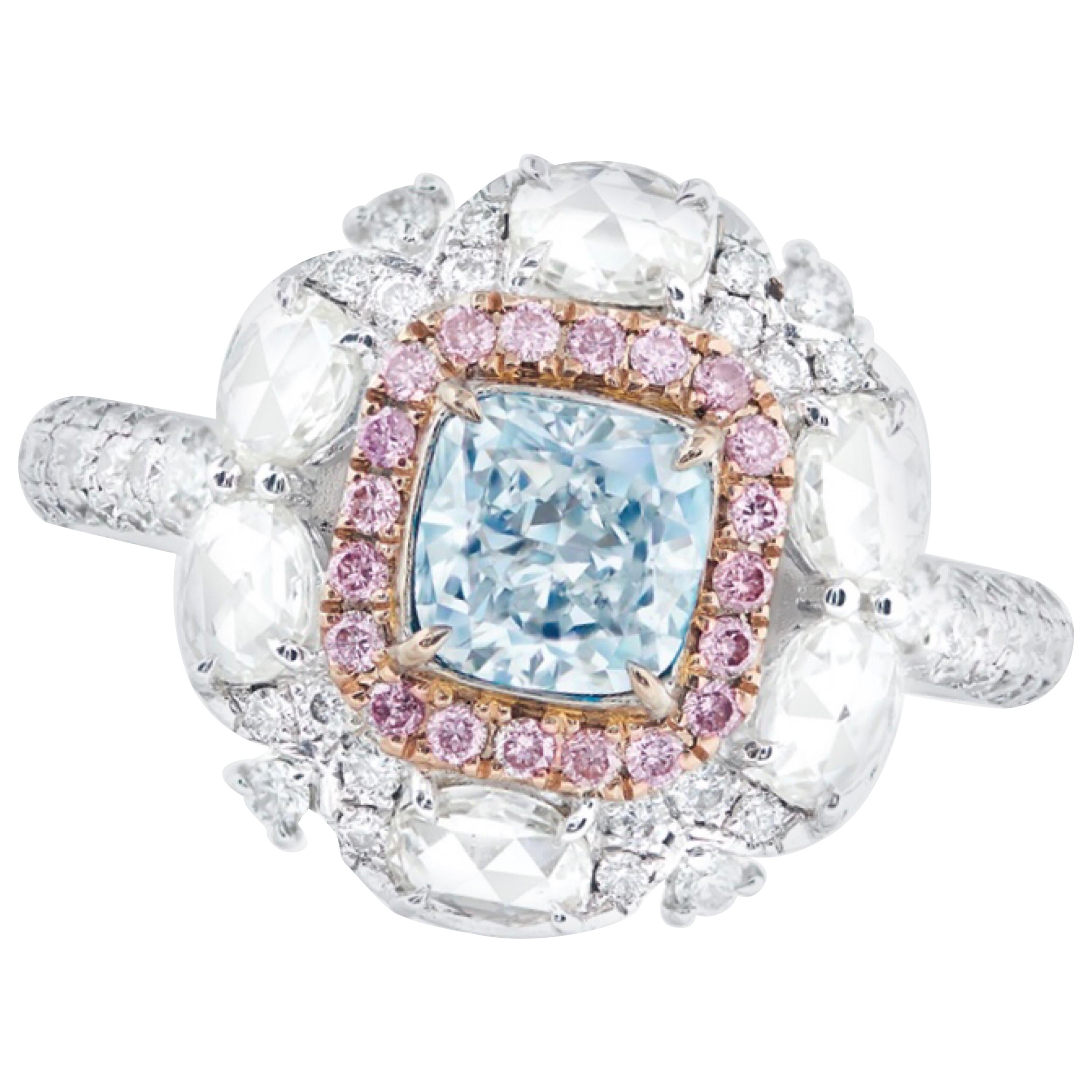 Emilio Jewelry GIA Certified 1.00 Carat Very Light Blue Diamond Ring For Sale