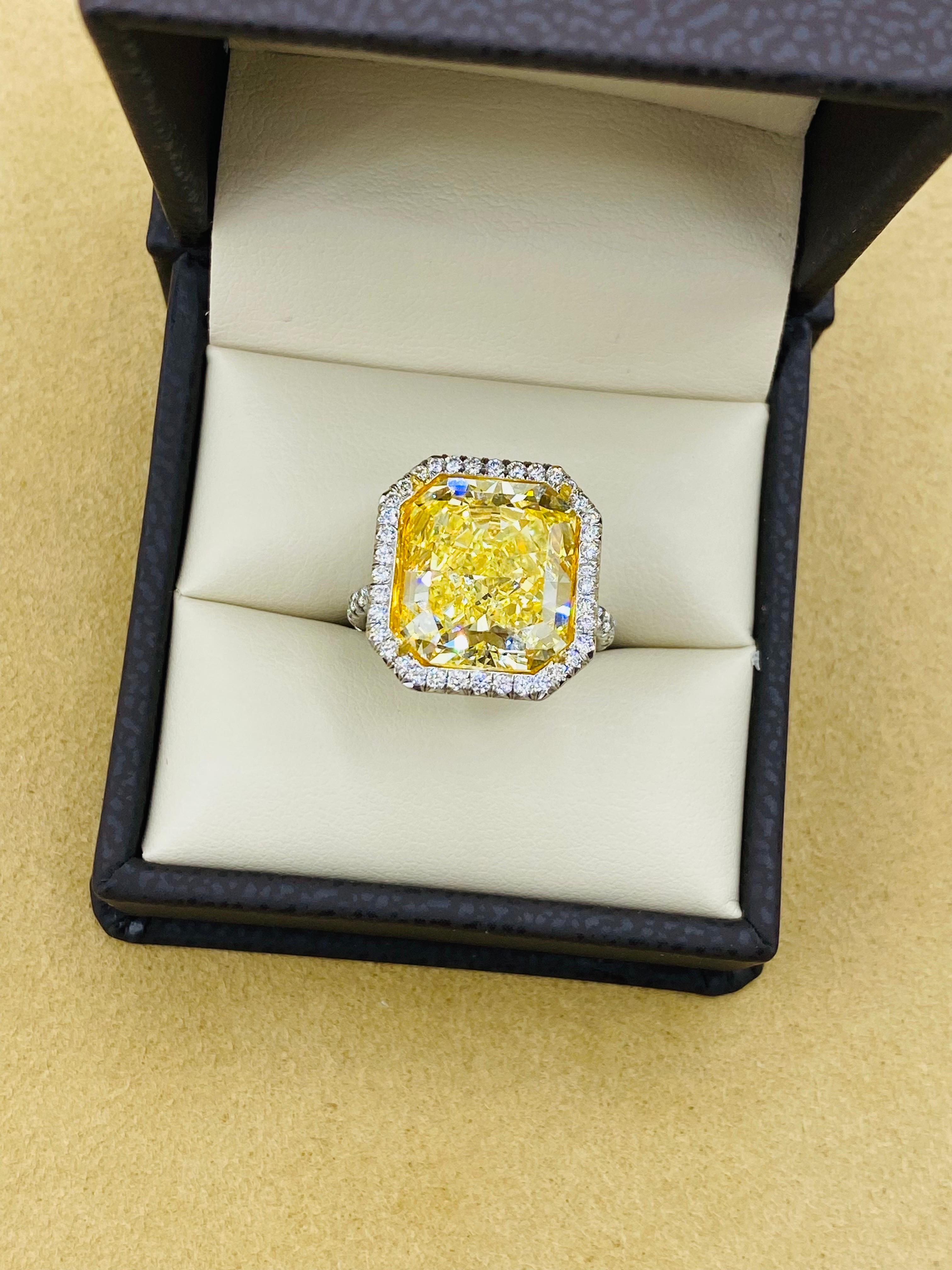 Radiant Cut Emilio Jewelry Gia Certified 10.00 Carat Fancy Intense Yellow Diamond Ring For Sale
