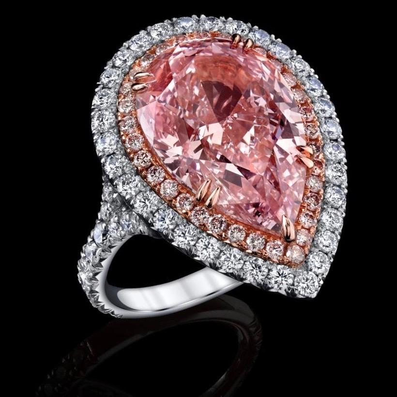 From the Emilio Jewelry Museum Vault, We are Showcasing a Gia certified 10.00 carat natural fancy pink diamond in the center. This is indeed a straight pink diamond with no secondary color. In addition Gia has classified this diamond to be a type