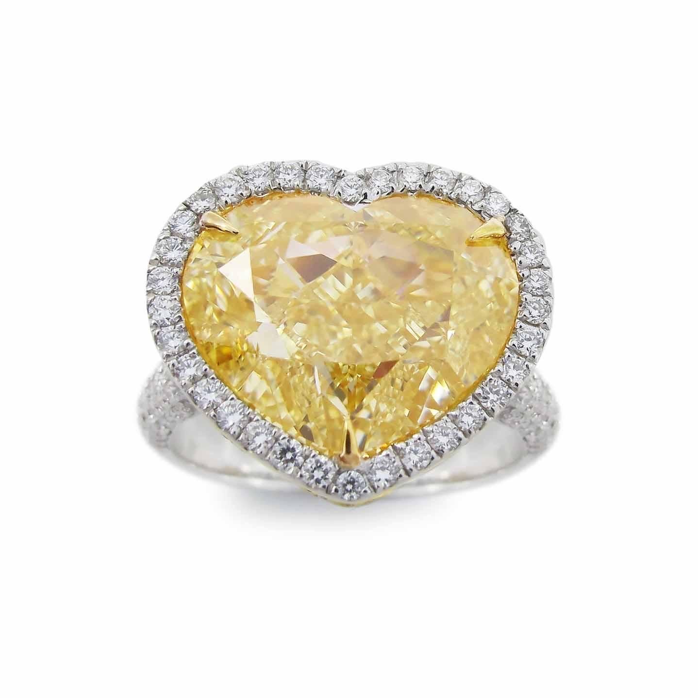 Heart Cut Emilio Jewelry Gia Certified 12.00 Carat Fancy Yellow Diamond Ring For Sale