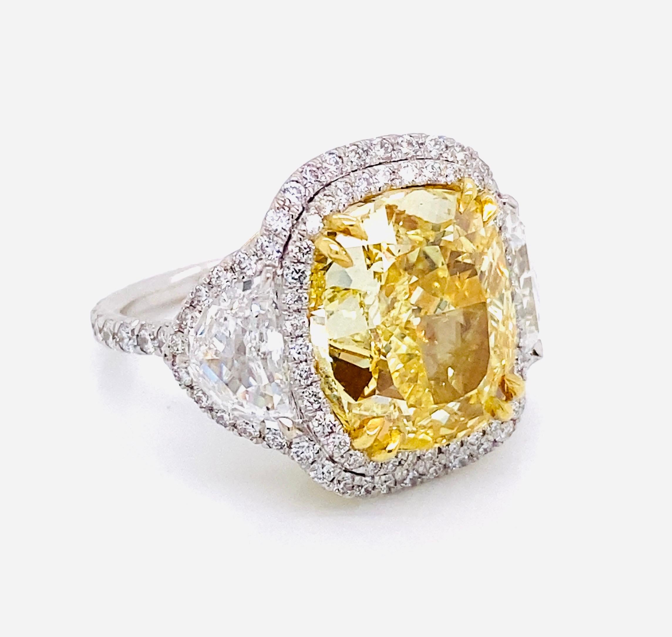 Cushion Cut Emilio Jewelry GIA Certified 12.67 Carat Fancy Intense Yellow Diamond Ring For Sale