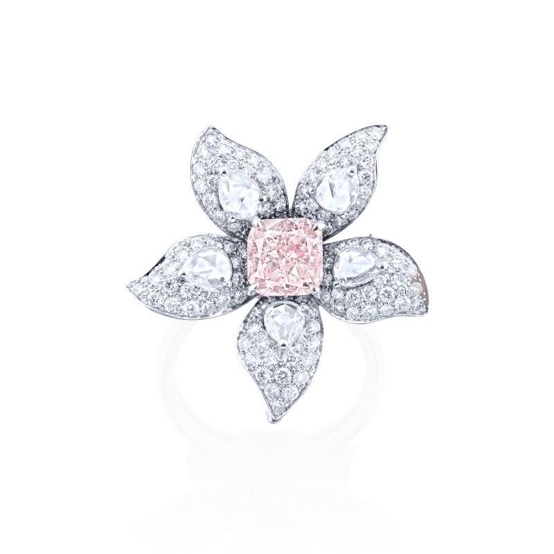 Main stone: 1.35 carat Very Light Pink, VS1, Cushion

Setting: White diamonds totaling approximately 1.45 carats

From Emilio Jewelry, a well known and respected wholesaler/dealer located on New York’s iconic Fifth Avenue, 

Please inquire for more